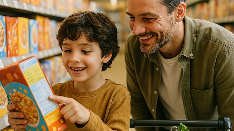 Un bambino curioso di circa 8 anni e suo padre sorridenti sono nel reparto cereali di un supermercato.