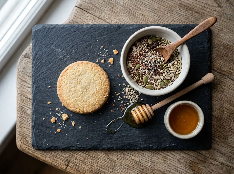 Piano di ardesia con un biscotto shortbread, una ciotola di semi ricchi di fibre e un filo di miele