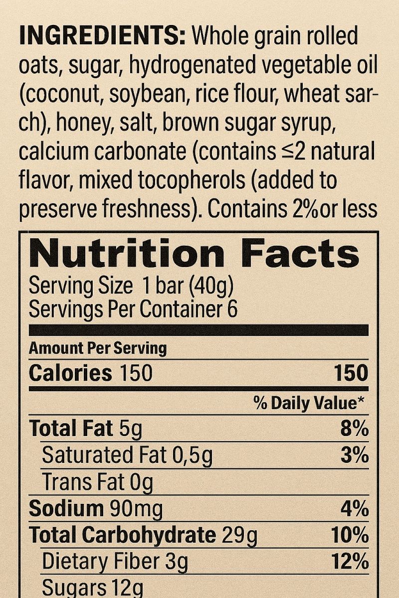 Detailed view of the ingredient list and nutrition facts that reveal the fiber and sugar content.