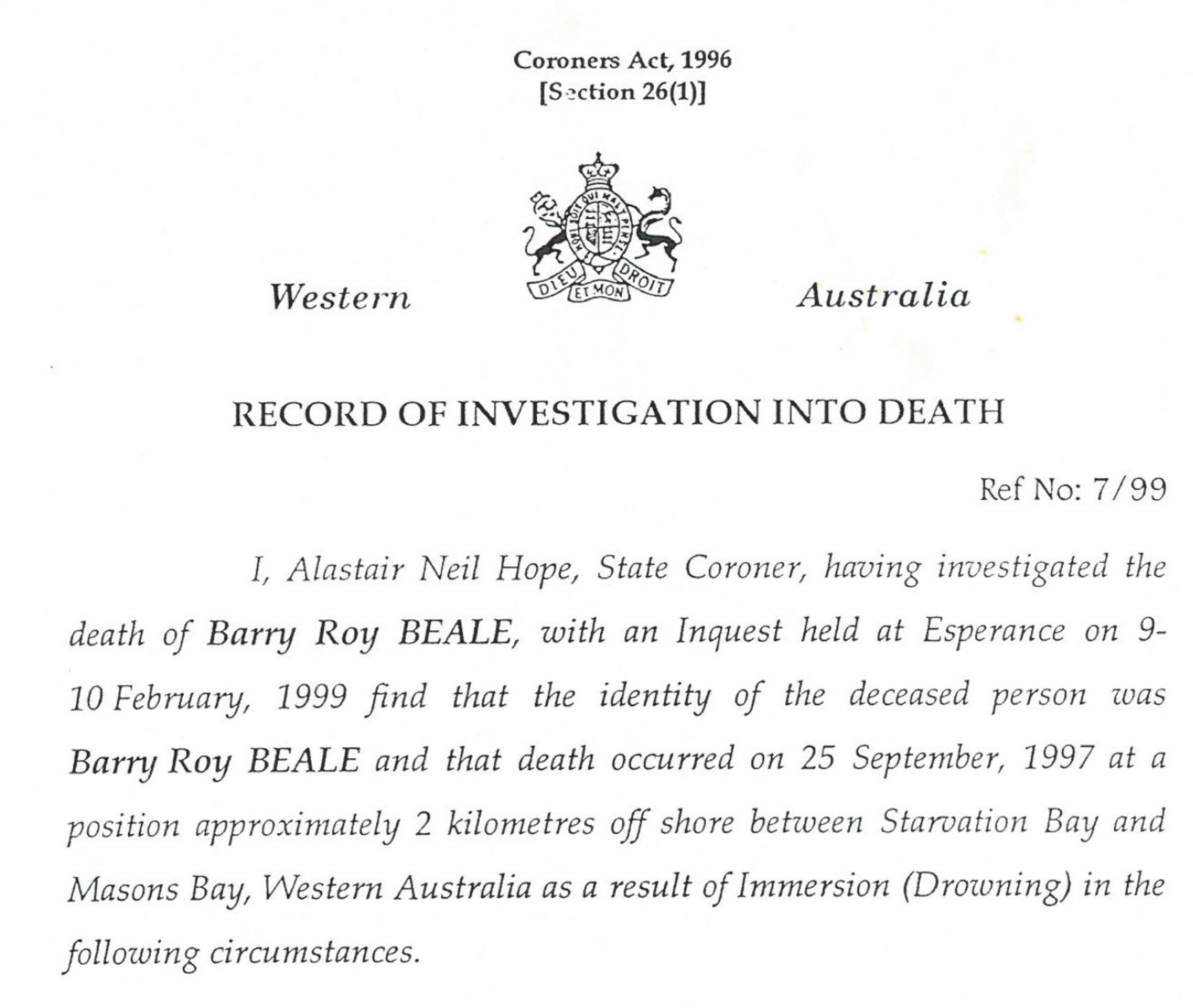Barry Roy Beale Coroner's Report Extract