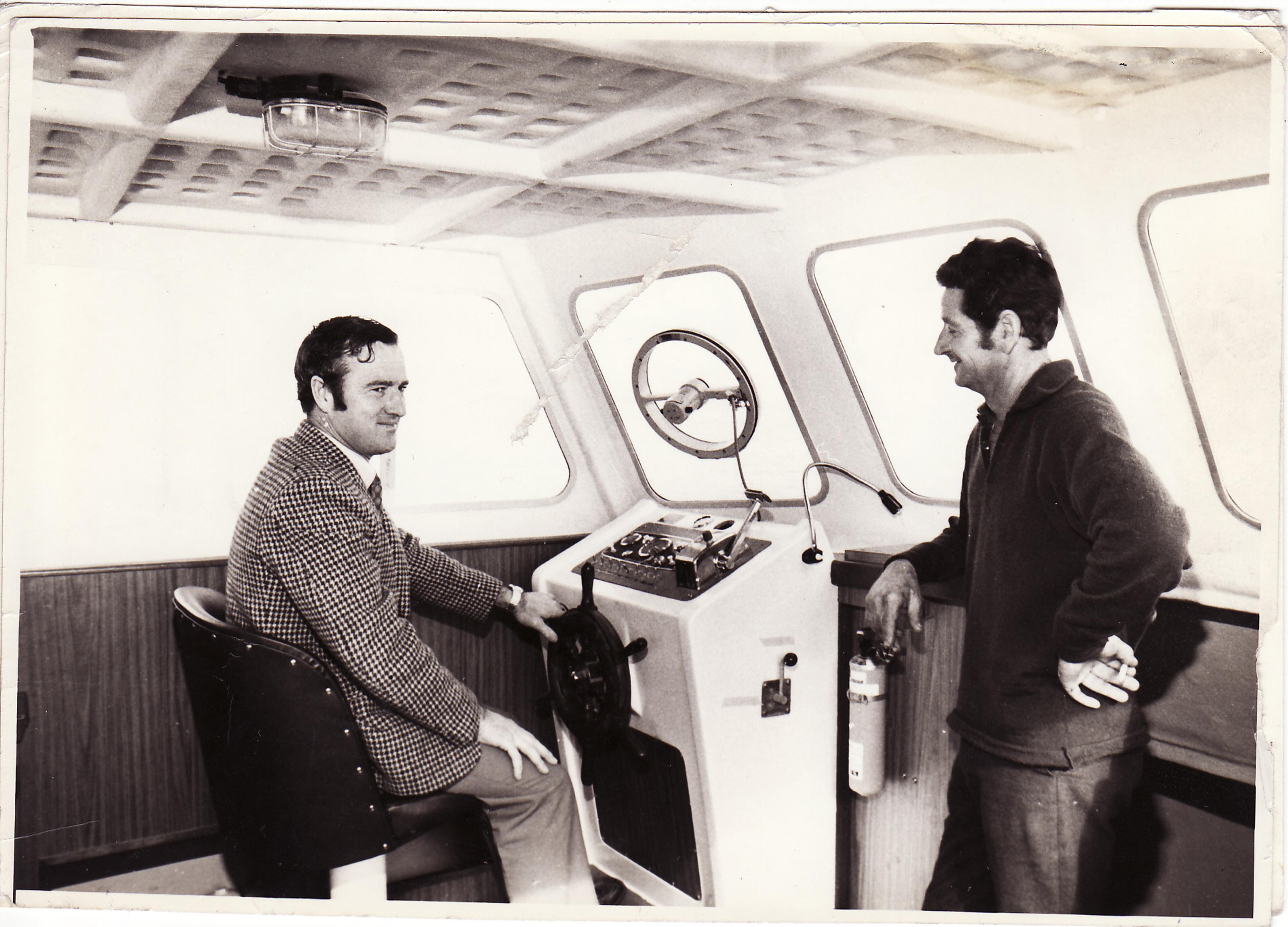 Laurie Chivers and Sam Saggars Jnr onboard the 'Nu Mako' June 1973