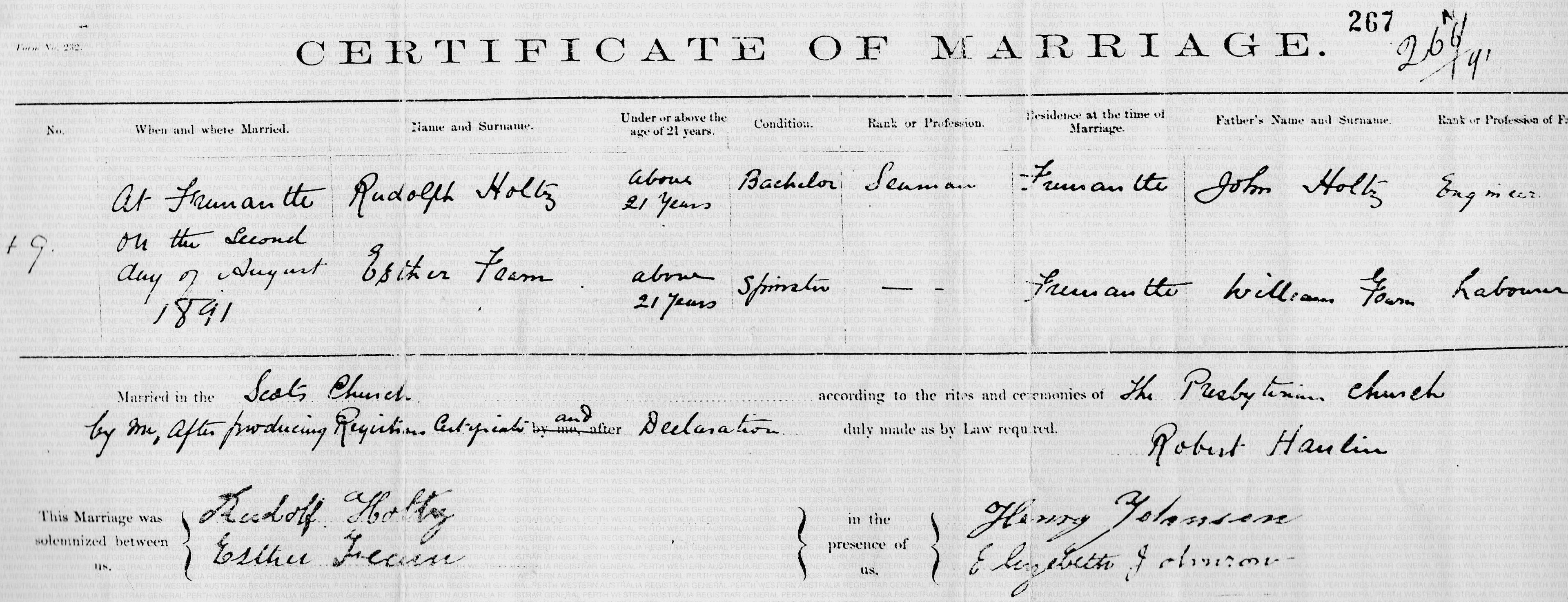 Marriage certificate for Rudolf Holtz and Esther Fearn