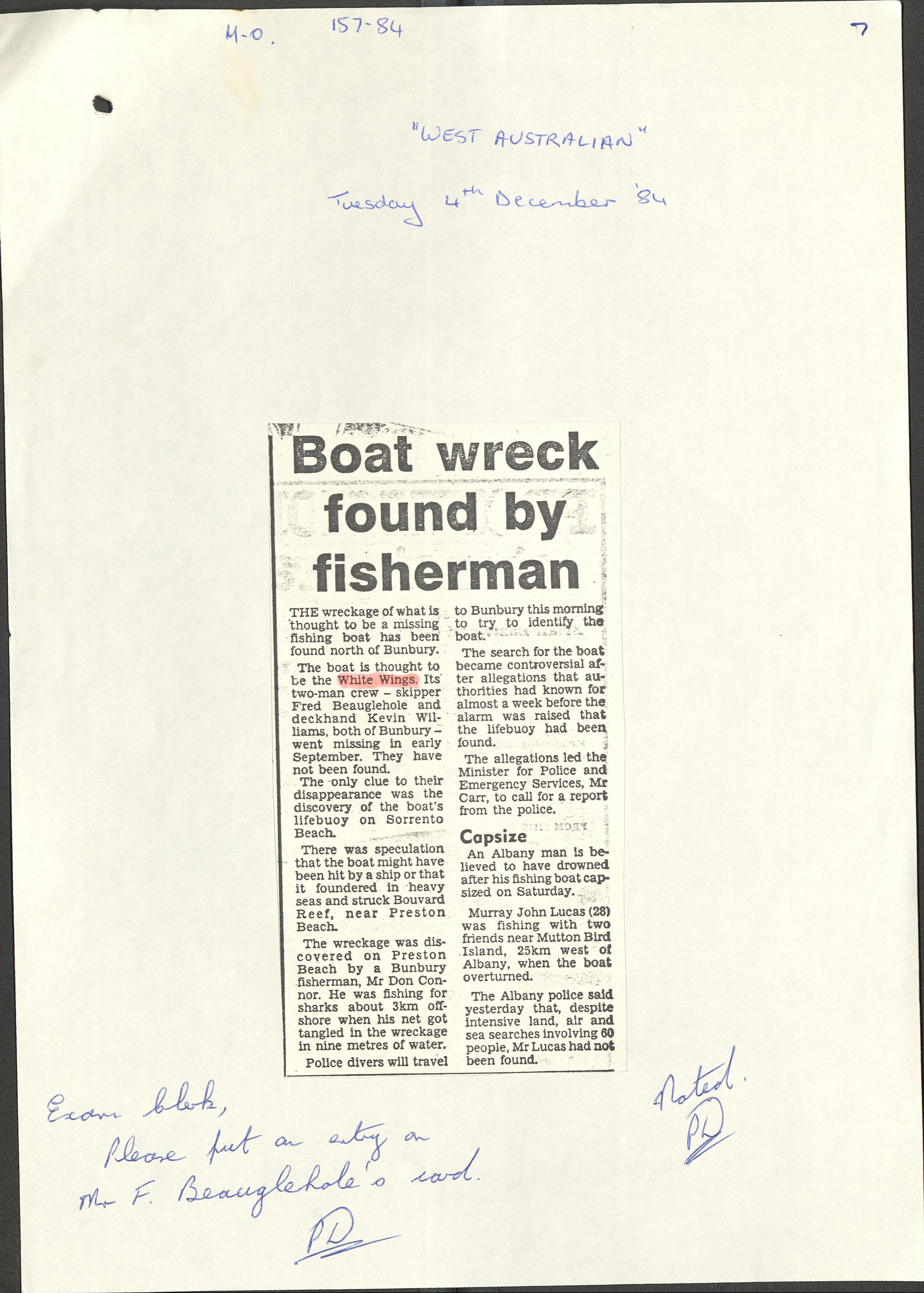 Newspaper article reporting location of boat wreck