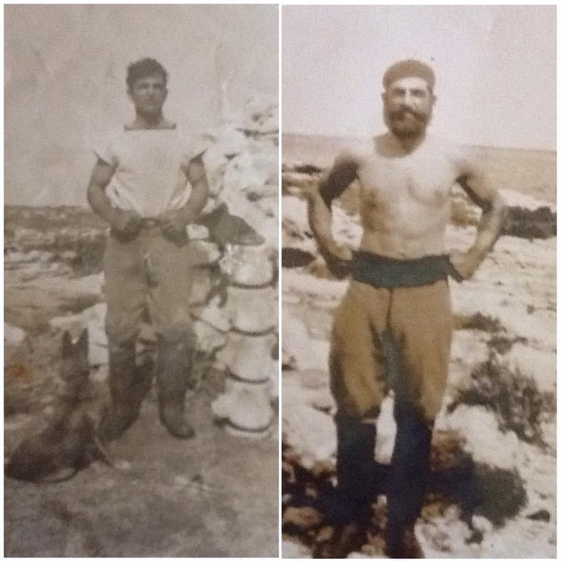 1932 Frank Miragliotta Outside limestone shelter topped with sail for protection with Trixie and back bone of a whale washed on Little Rat Island. Fishermen wore heavy flannel shirts and thick ex wool army trousers sea boots and a hand knitted cumber
