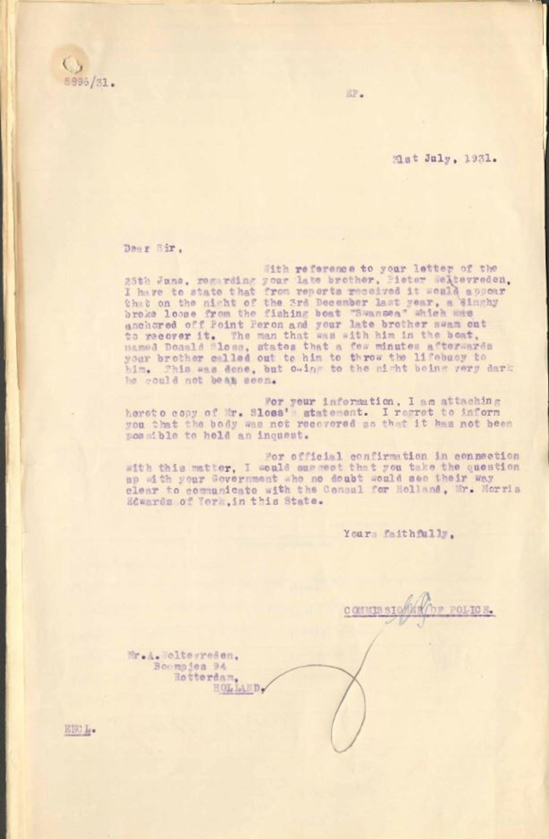 Police letter written to brother of Pieter