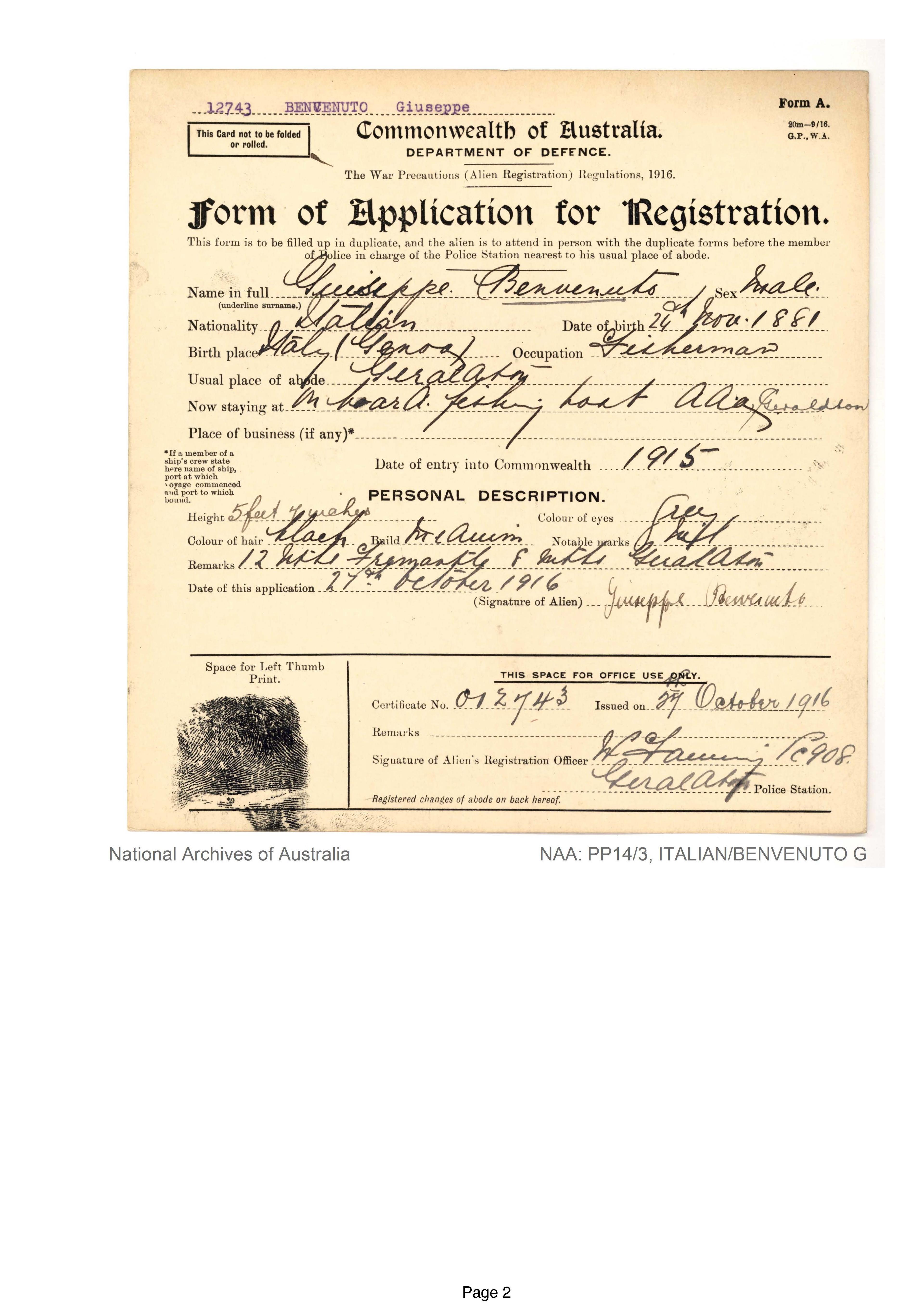 Extract of Guiseppe Benvenuto's Registration Card