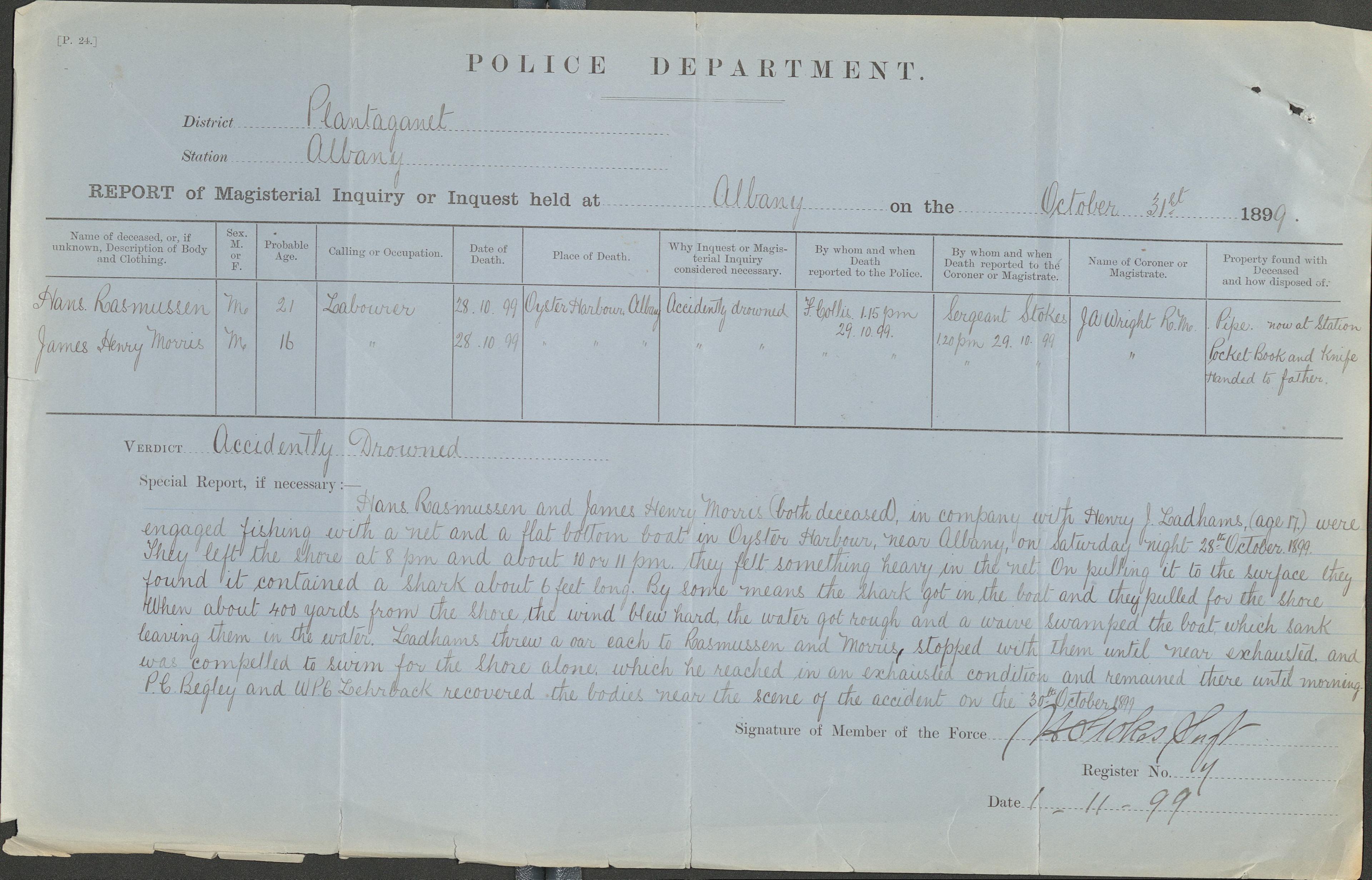 Police Report dated 31 October 1899