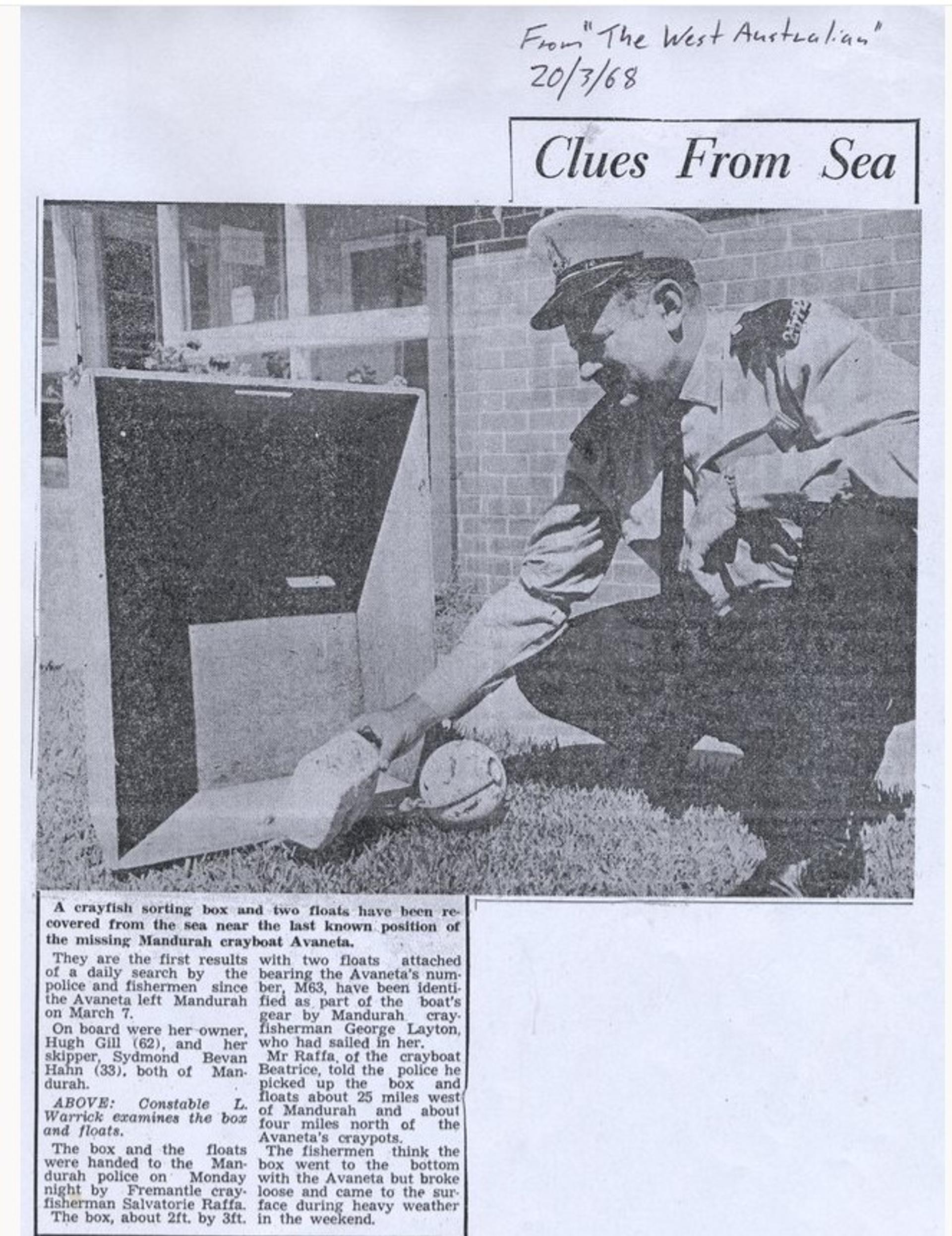 Newspaper clipping reporting on the discovery of the box and floats