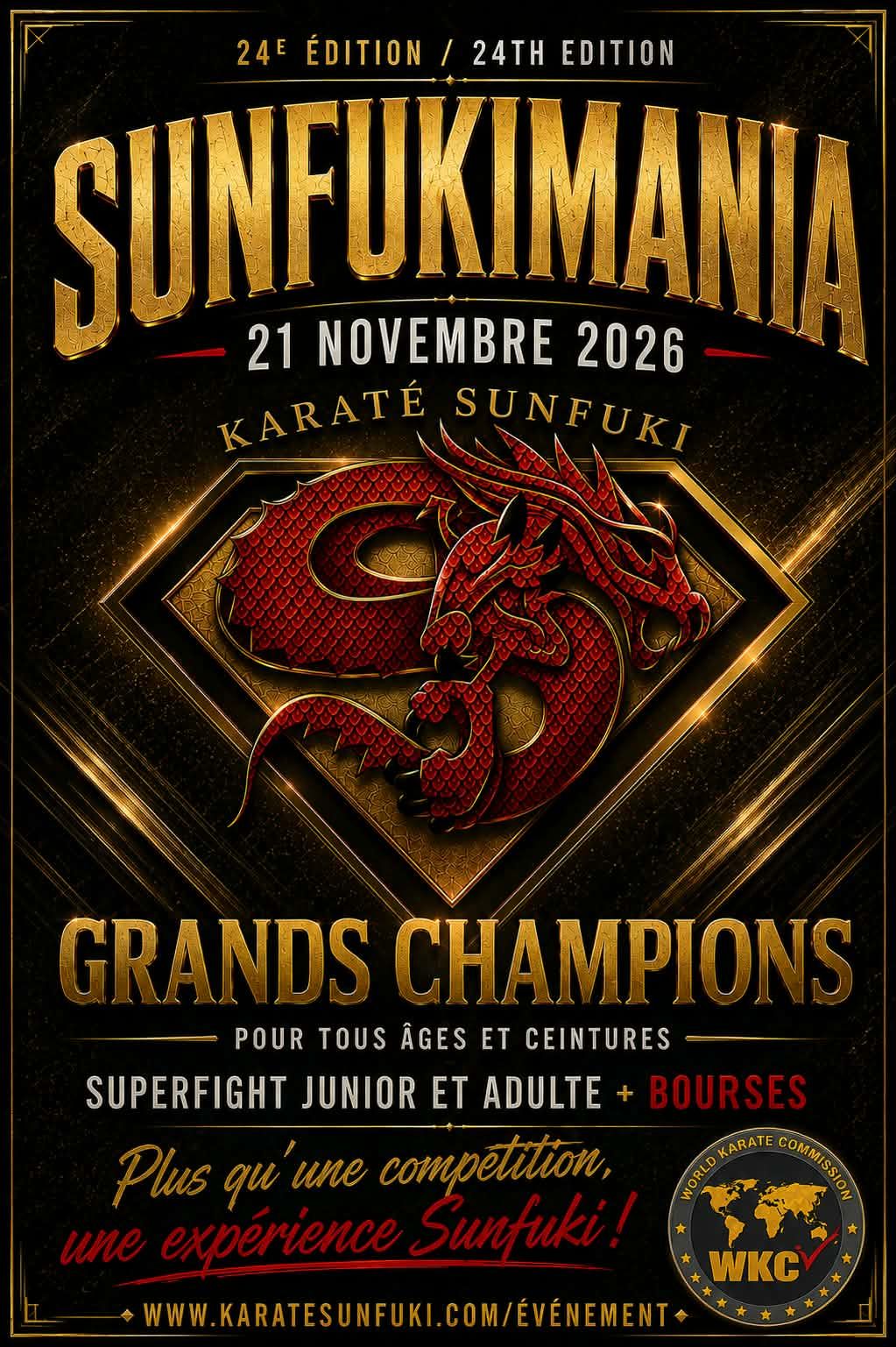 Sunfukimania 24th edition flyer: Karaté Sunfuki, 21 novembre 2026. Grands Champions pour tous âges et ceintures, superfight junior et adulte plus bourses. karatesunfuki.com.