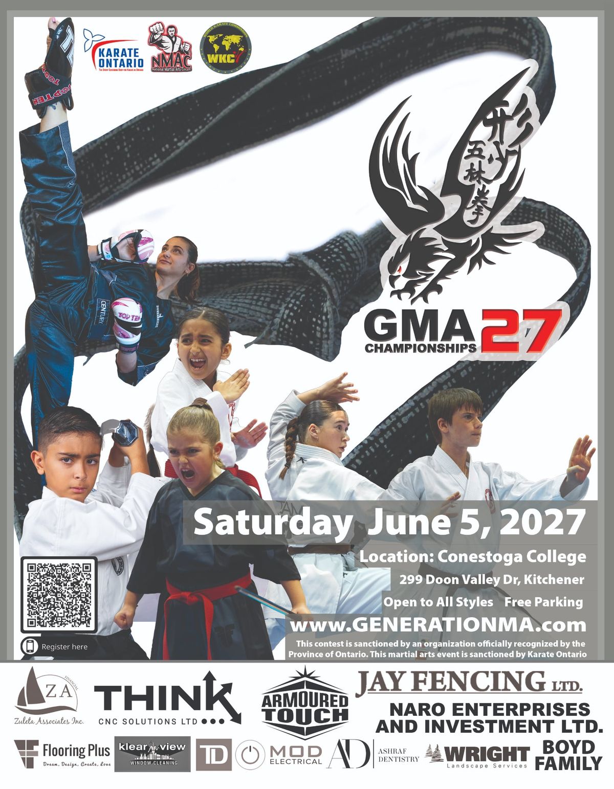 GMA Championships 27 flyer: Saturday, June 5, 2027 at Conestoga College, 299 Doon Valley Dr., Kitchener. Open to all styles, free parking. generationma.com.