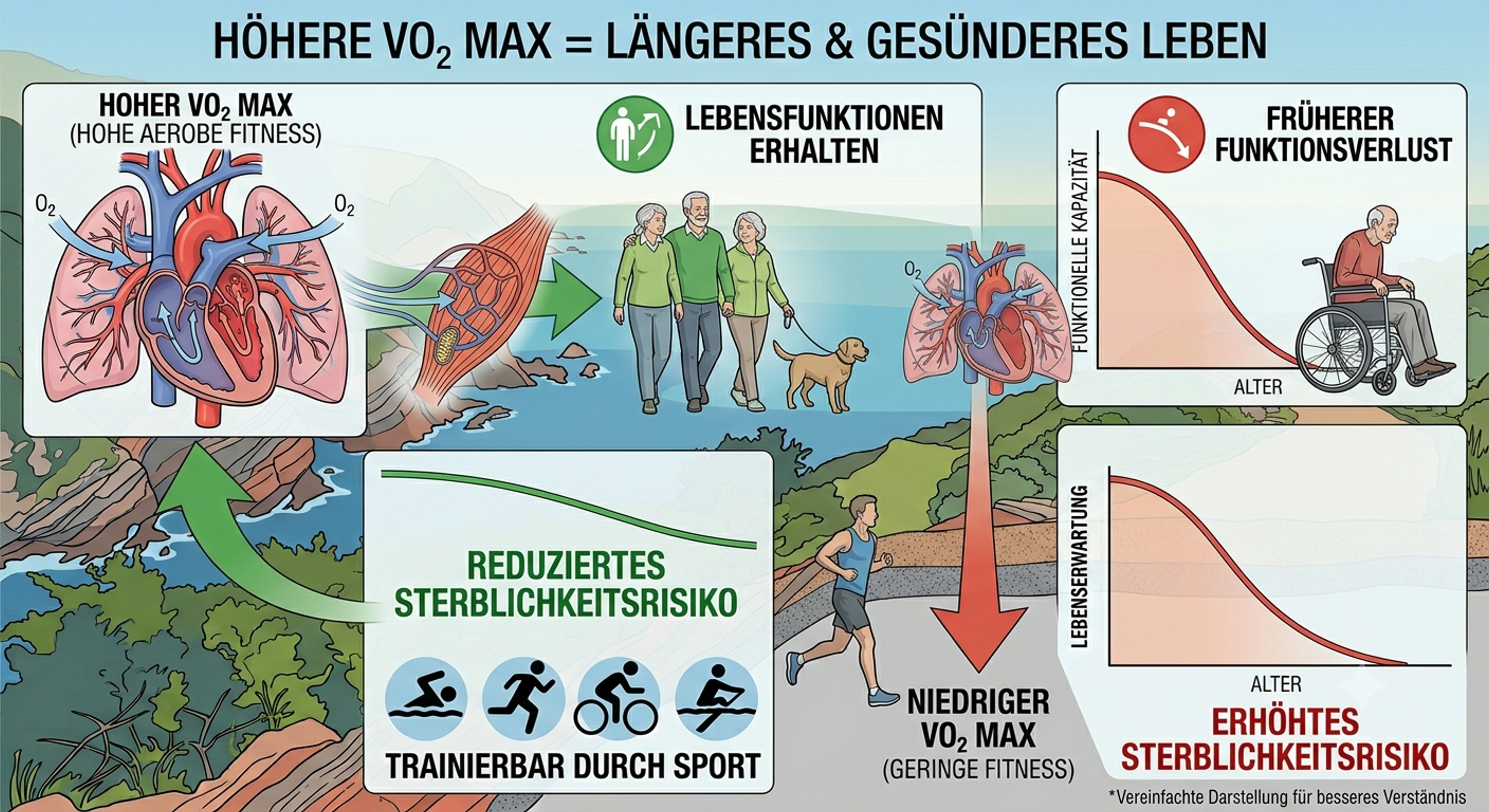 Infografik: Höhere VO₂max bedeutet ein längeres und gesünderes Leben – trainierbar durch Ausdauersport im Fit-Inn Trier