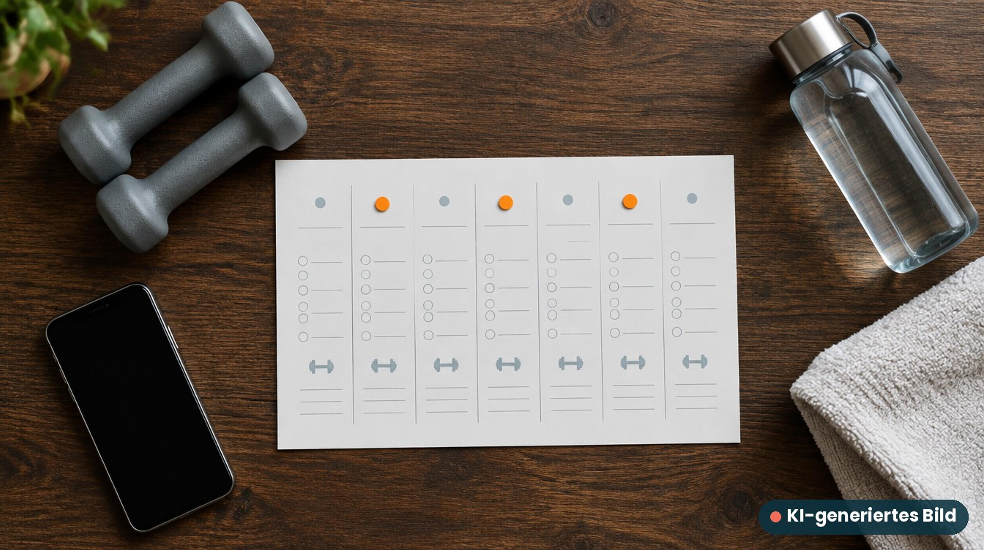 KI-generiertes Bild: Wochenplan mit drei markierten Trainingstagen, Kurzhanteln und Wasserflasche – Krafttraining 3× pro Woche planen