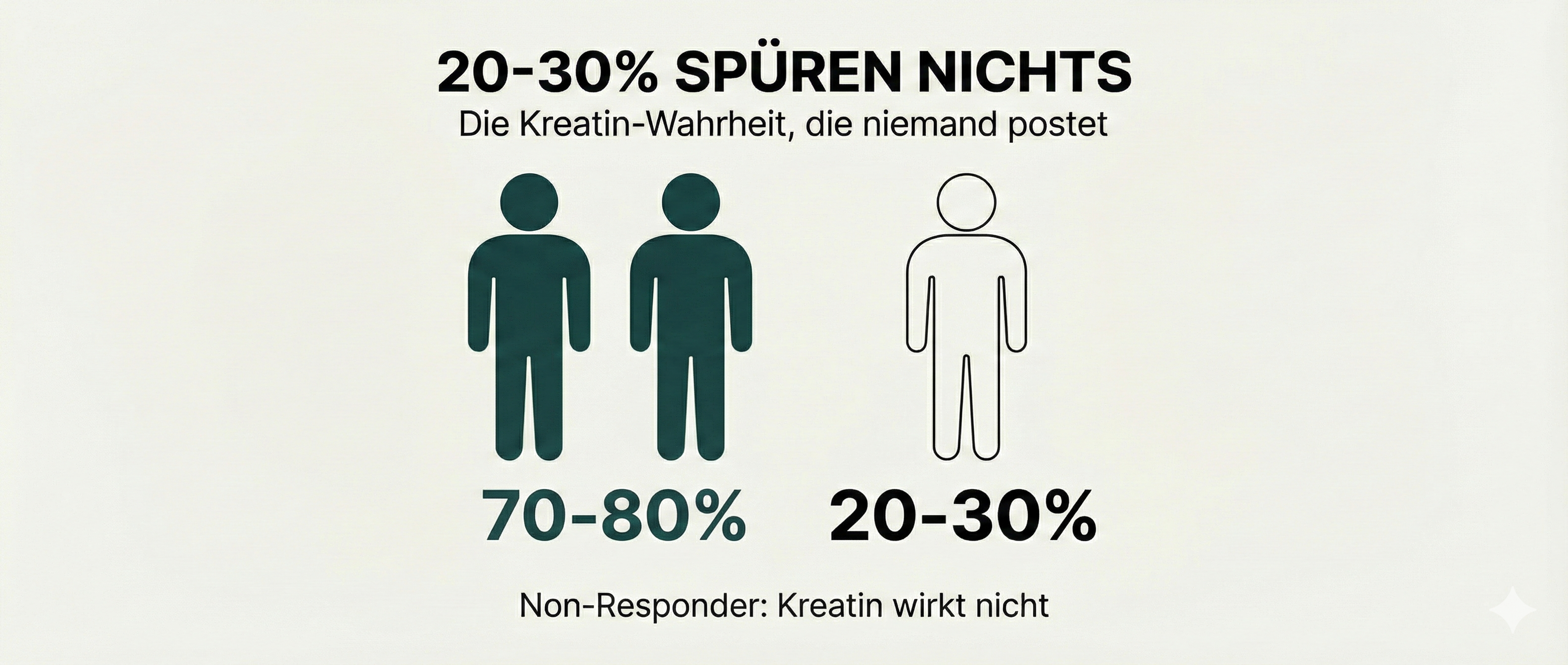 Infografik: Deutschsprachige Grafik mit der Überschrift „20–30% SPÜREN NICHT“ und dem Untertitel „Die Kreatin-Wahrheit, die niemand postet“; links zwei ausgefüllte Personen-Icons mit der Beschriftung „70–80%“, rechts ein umrissenes Personen-Icon mit „20–30%“; unten der Hinweis „Non-Responder: Kreatin wirkt nicht“.