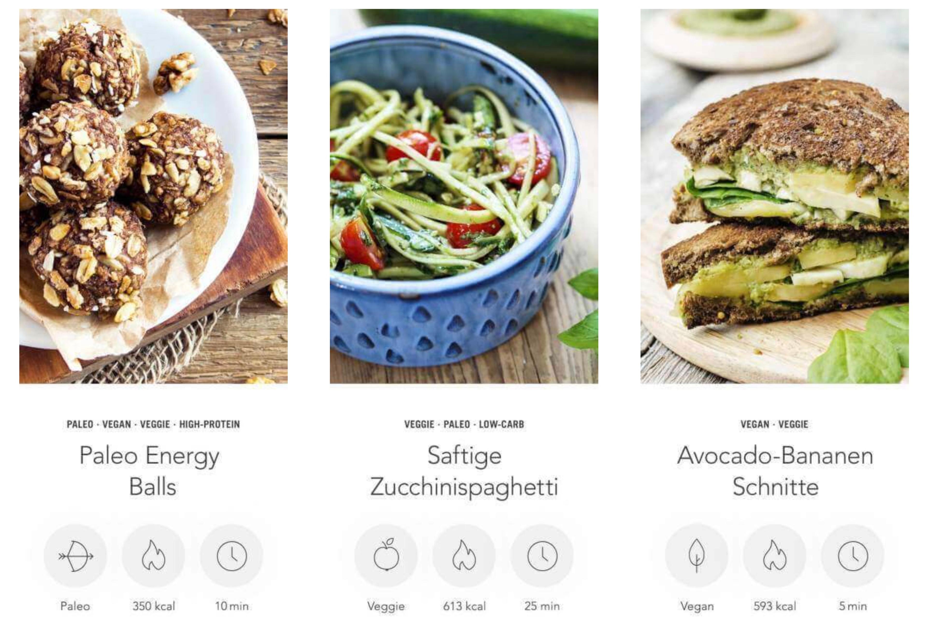 Drei gesunde Gerichte: Paleo Energy Balls, Zucchinispaghetti und Avocado-Bananen-Schnitte