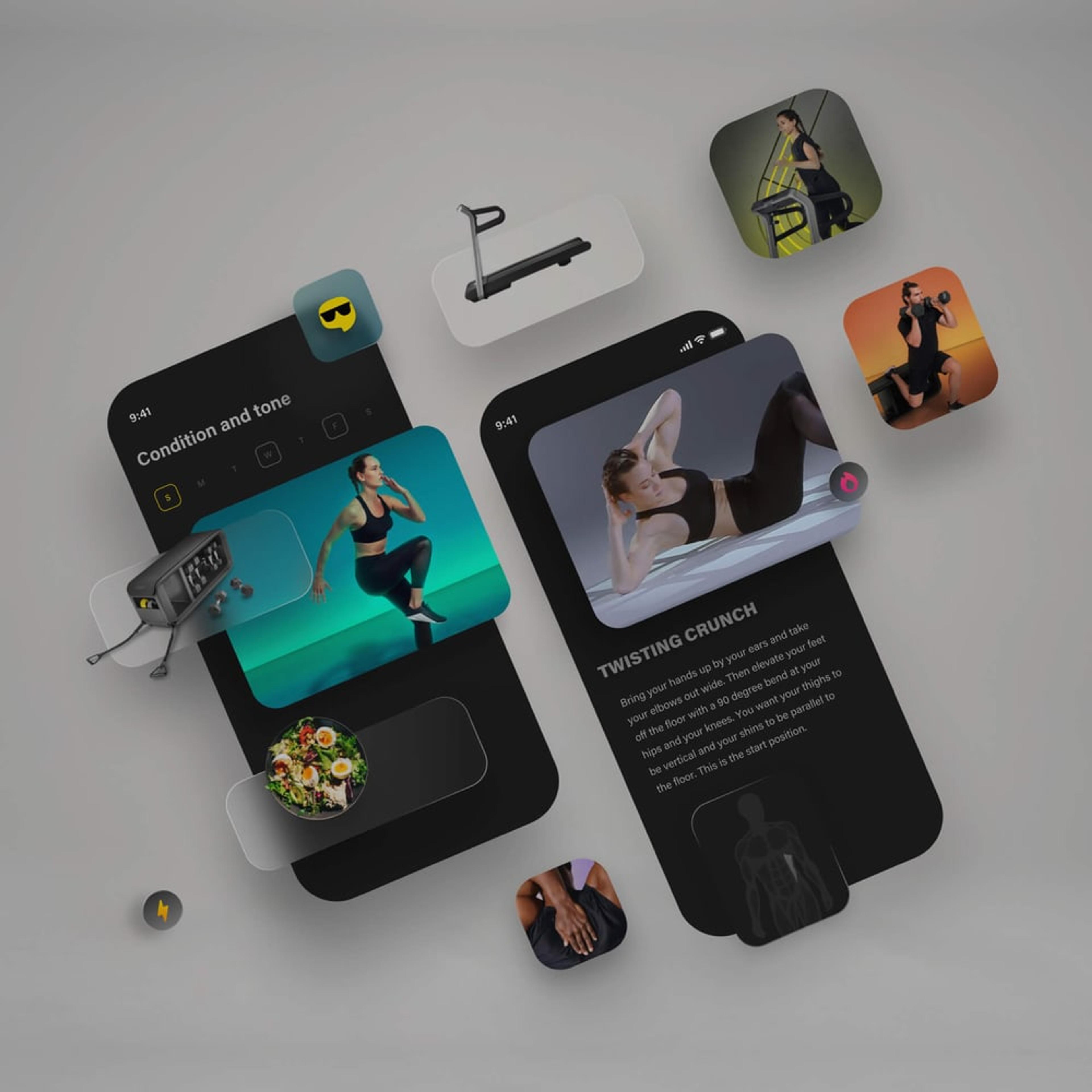 A digital interface of a fitness app showing exercise demonstrations and workout plans