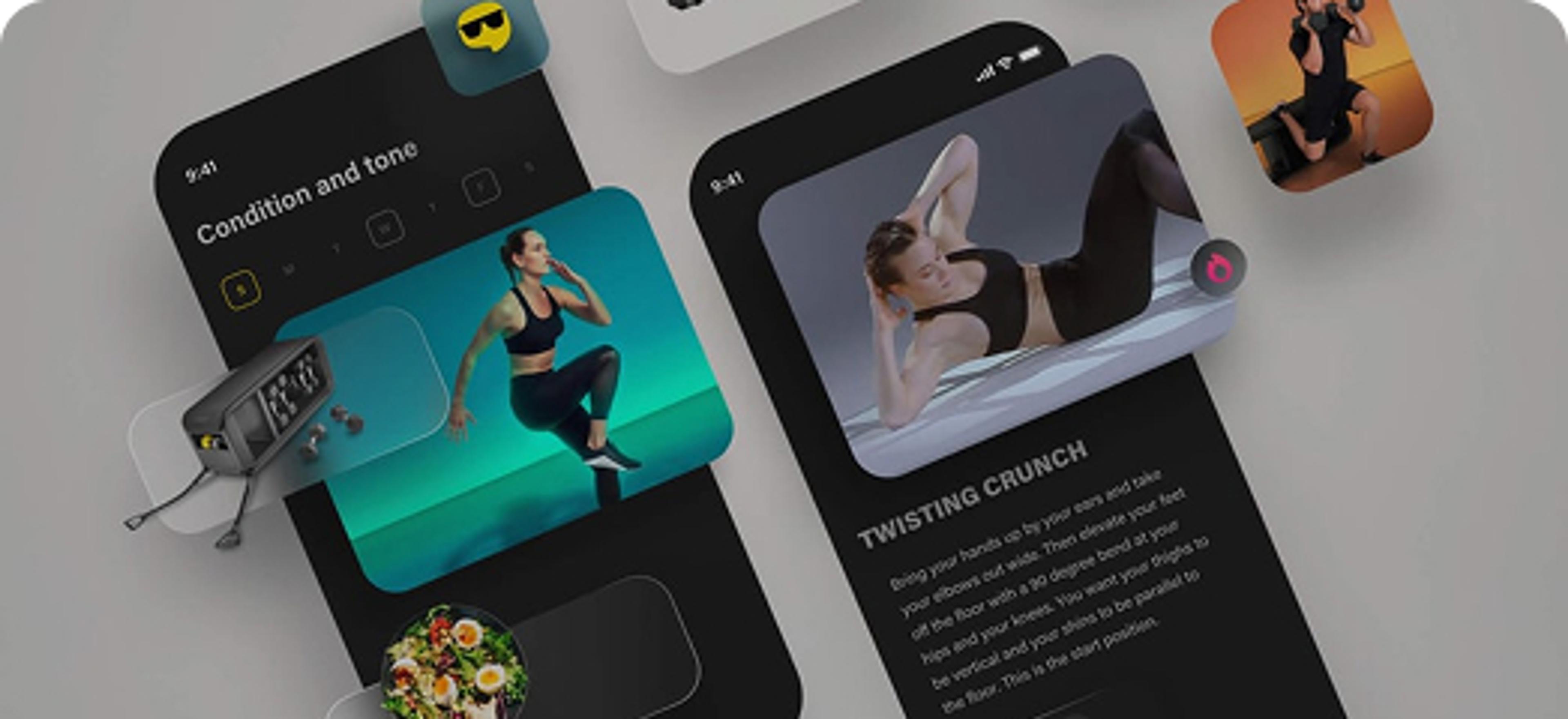 Eine Fitness-App-Benutzeroberfläche mit Bildern von Übungen und Fitnessgeräten