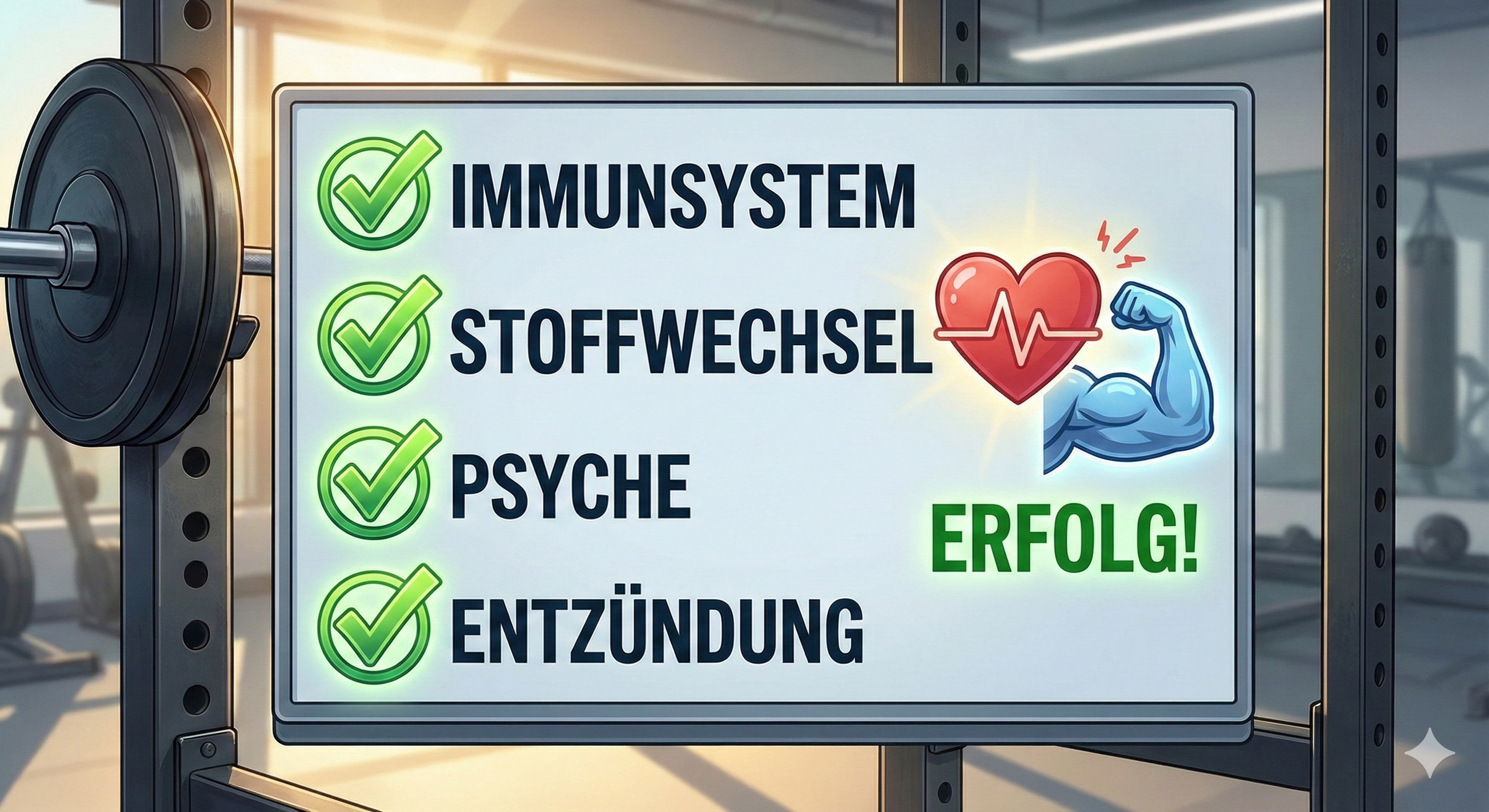 Abschlussgrafik: Checkliste „Immunsystem, Stoffwechsel, Psyche, Entzündung“ mit Häkchen, daneben ein kleines Herz- und Muskel-Icon