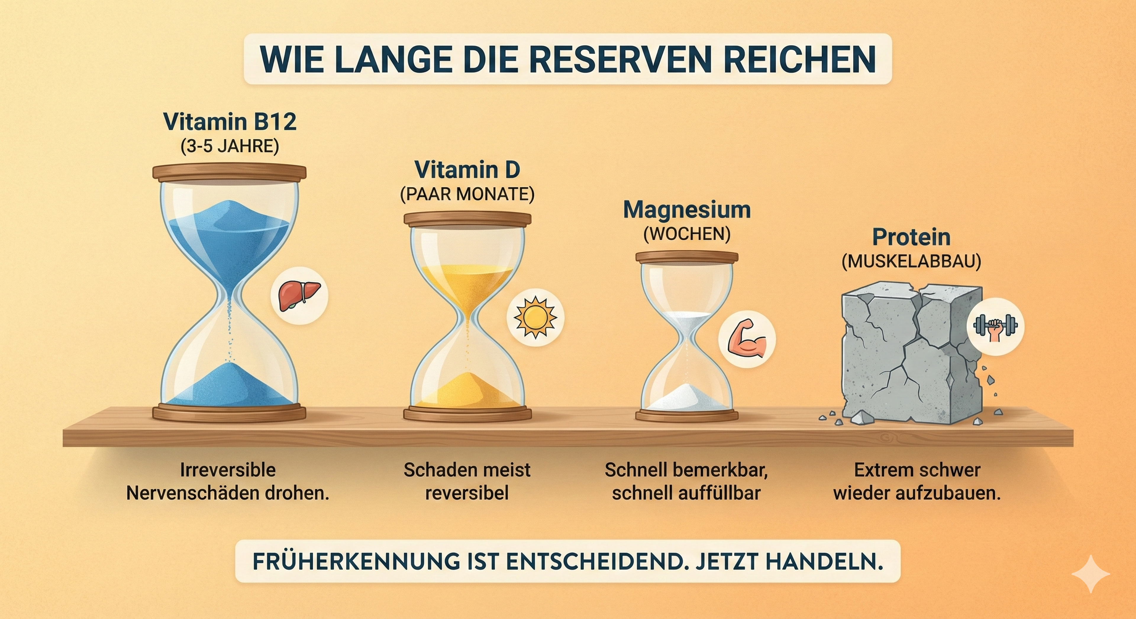 Infografik: Eine Holzablage mit drei Stundengläsern und einem bröckelnden Betonblock veranschaulicht, wie lange Nährstoffreserven reichen – Vitamin B12 (3–5 Jahre, Leber-Symbol), Vitamin D (paar Monate, Sonnen-Symbol), Magnesium (Wochen, Bizeps-Symbol) und Protein (Muskelabbau, Hantel-Symbol). Überschrift „WIE LANGE DIE RESERVEN REICHEN“ und Hinweis „FRÜHERKENNUNG IST ENTSCHEIDEND. JETZT HANDELN.“
