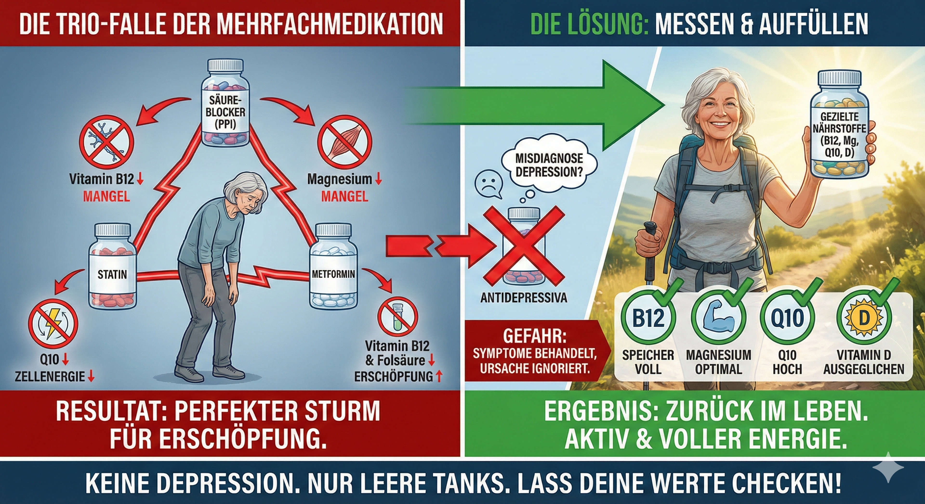 Infografik über Mehrfachmedikation und mögliche Nährstoffmängel: Linke rote Seite zeigt eine erschöpft wirkende ältere Frau zwischen Flaschen mit den Aufschriften „Statin“, „Metformin“ und „Säureblocker (PPI)“, umgeben von Symbolen für Vitamin‑B12‑Mangel, Magnesium‑Mangel und sinkende Q10‑Zellenergie; Überschrift „Die Trio-Falle der Mehrfachmedikation“ und Text „Resultat: perfekter Sturm für Erschöpfung“. Rechte grüne Seite zeigt dieselbe Frau aktiv beim Wandern, hält eine Dose „Gezielte Nährstoffe (B12, Mg, Q10, D)“; darunter Häkchen mit „B12 Speicher voll“, „Magnesium optimal“, „Q10 hoch“, „Vitamin D ausgeglichen“ und Headline „Die Lösung: Messen & Auffüllen“. Fußzeile: „Keine Depression. Nur leere Tanks. Lass deine Werte checken!“.