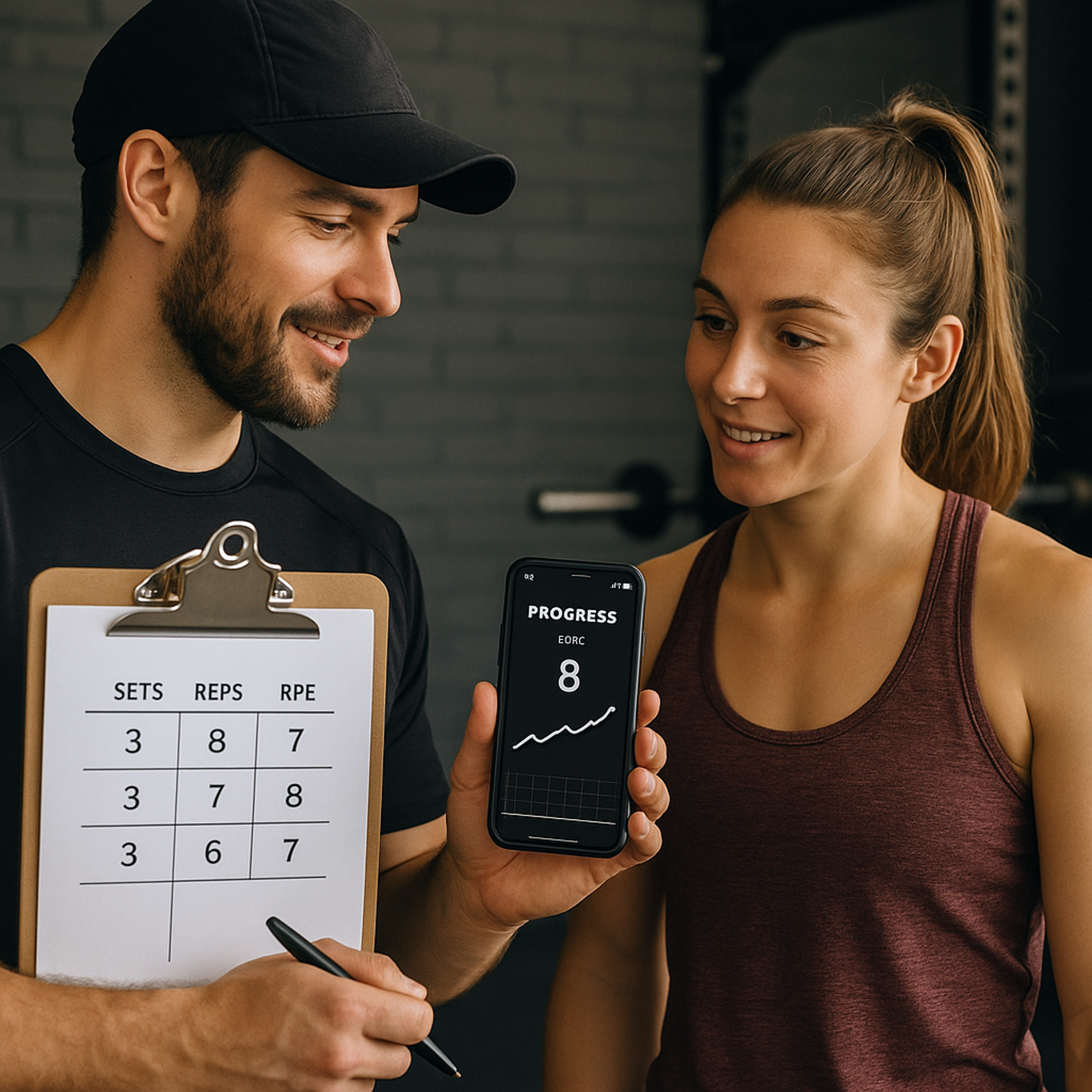 Coach mit Clipboards und App, der mit einer Trainierenden Sätze, RPE und Fortschrittskurven bespricht