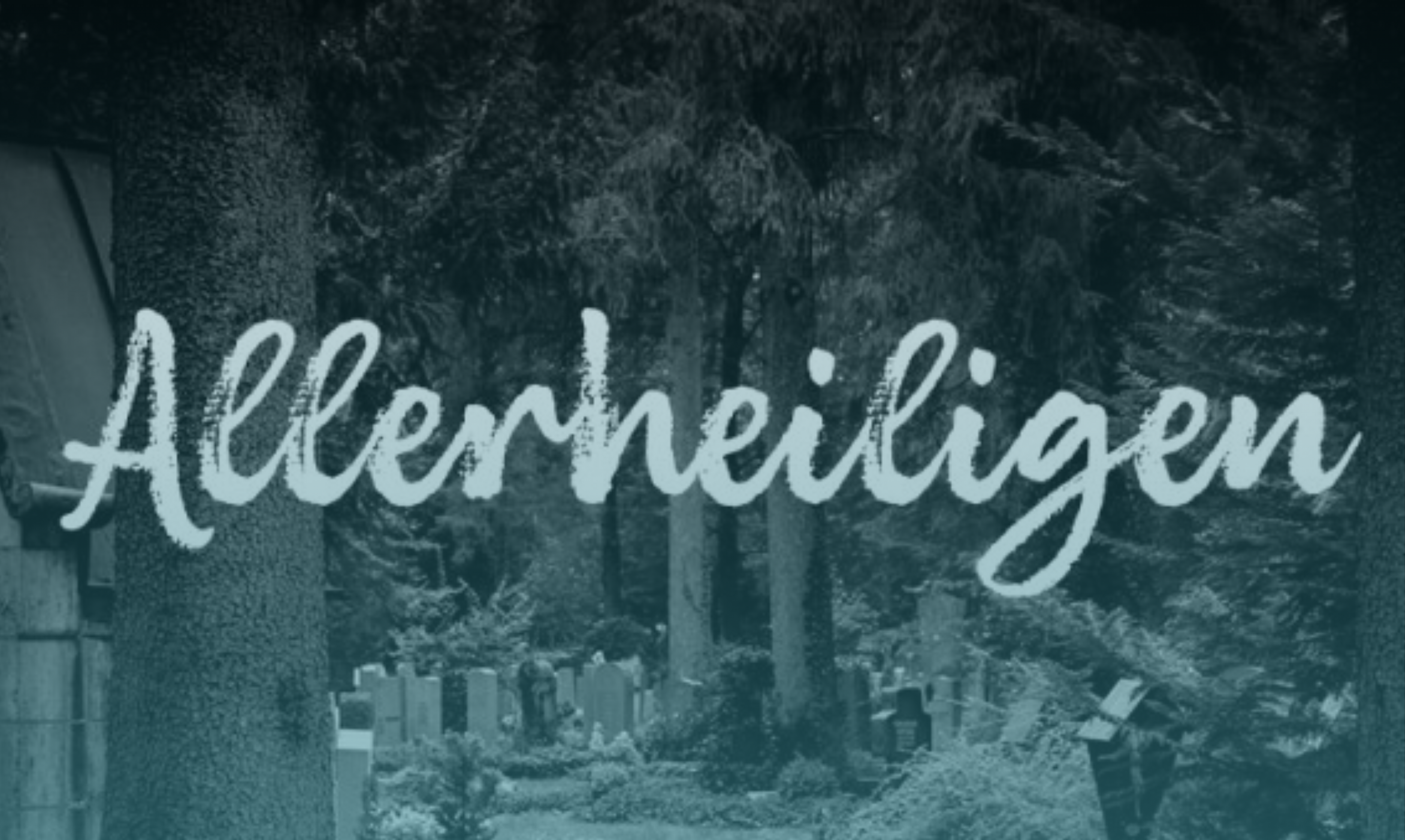 Eine Informationsgrafik mit dem Schriftzug 'Allerheiligen' vor einem Friedhof und den Öffnungszeiten am 01.11.2025 von 09:00 bis 15:00 Uhr.
