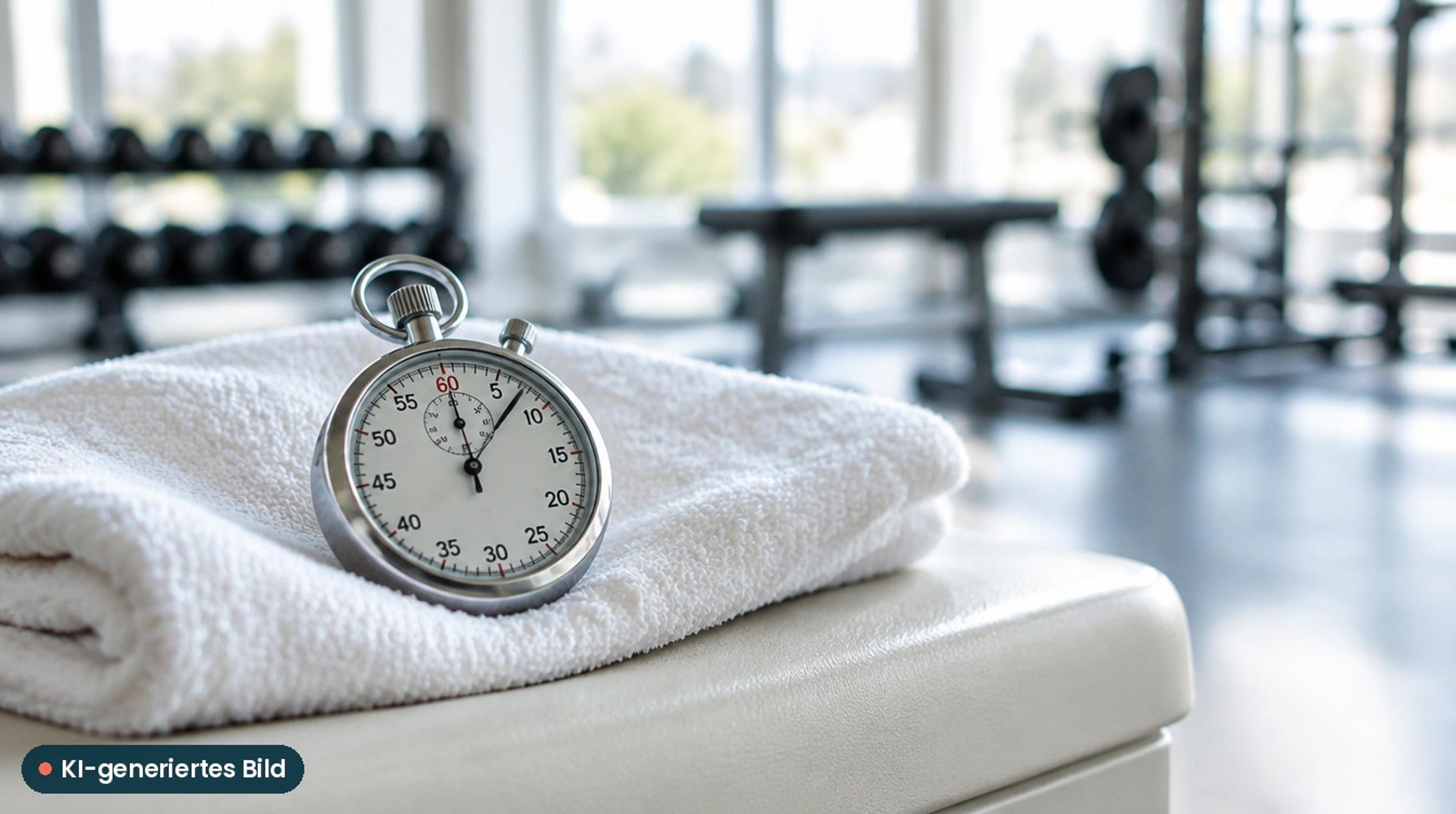 KI-generiertes Bild: Analoge Stoppuhr auf einem weißen Handtuch im Fitnessstudio – nur die Trainingszeit zählt