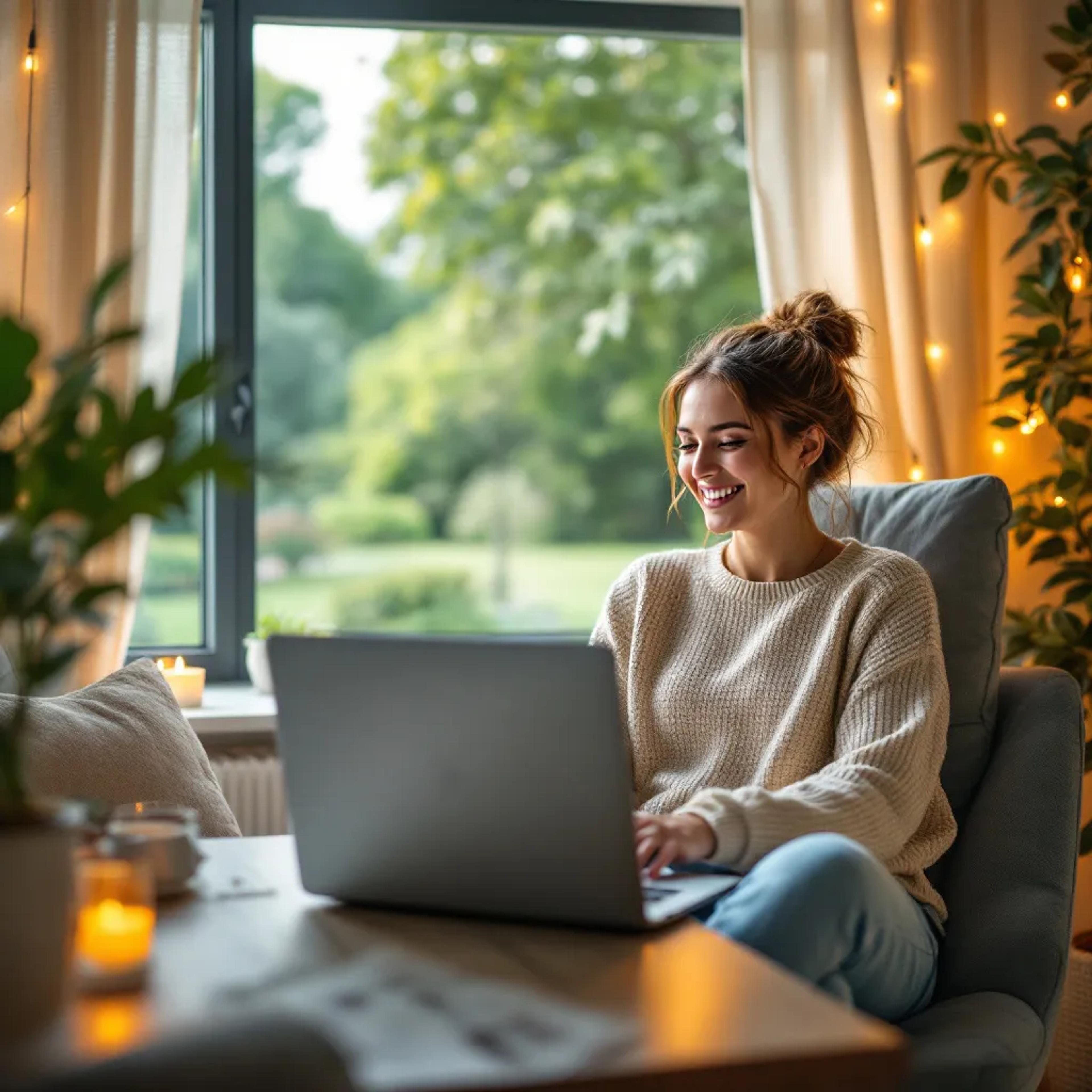 Eine Frau sitzt lächelnd mit einem Laptop auf dem Schoß in einem gemütlichen Wohnzimmer mit Kerzenlicht und Blick auf einen Garten.