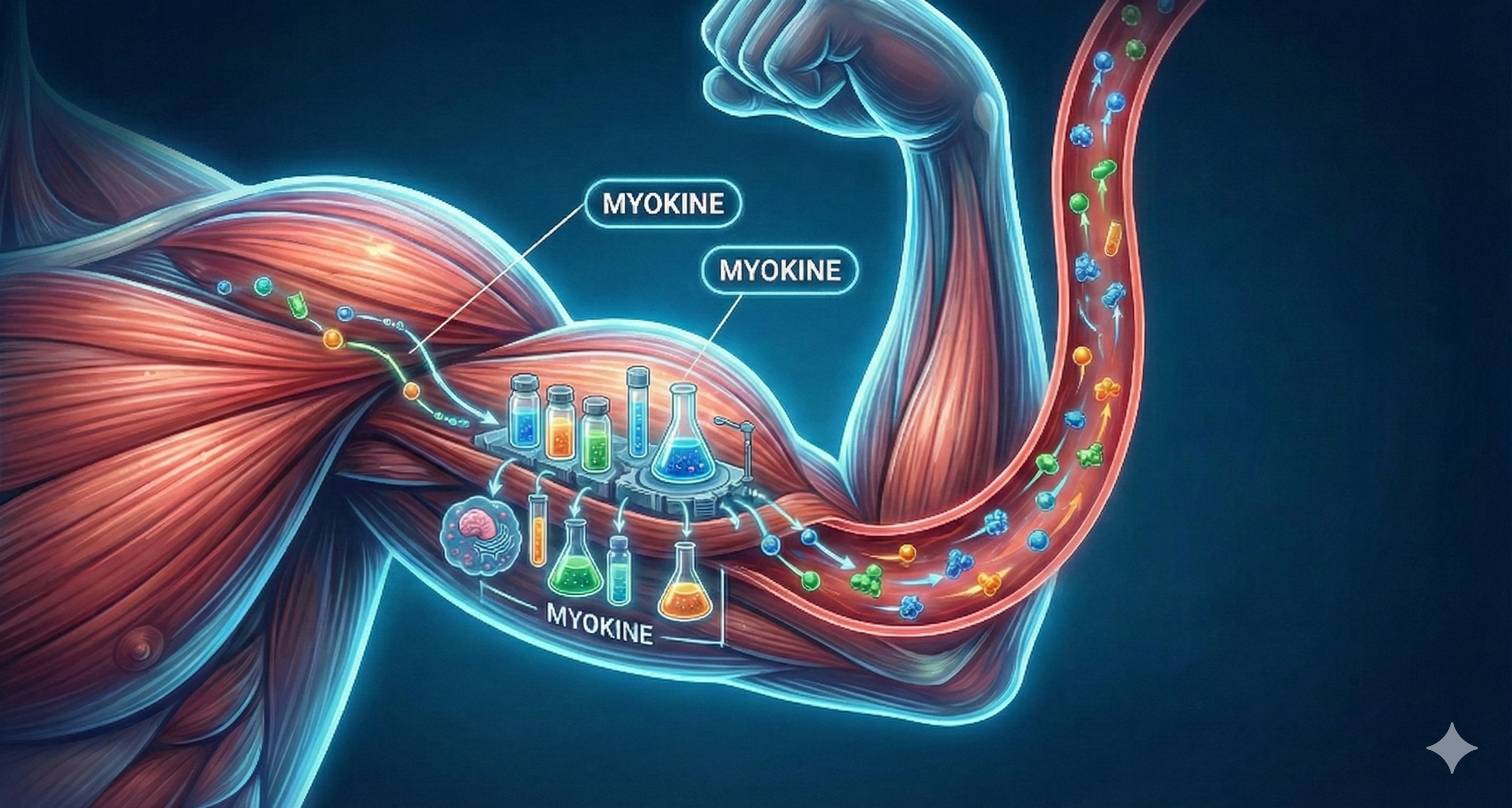 Illustration eines angespannten Bizeps mit Schnittansicht der Muskelfasern; mit „MYOKINE“ beschriftete Bereiche sowie bunte Laborgefäße und Molekülsymbole, Pfeile zeigen den Transport der Botenstoffe vom Muskel in ein Blutgefäß