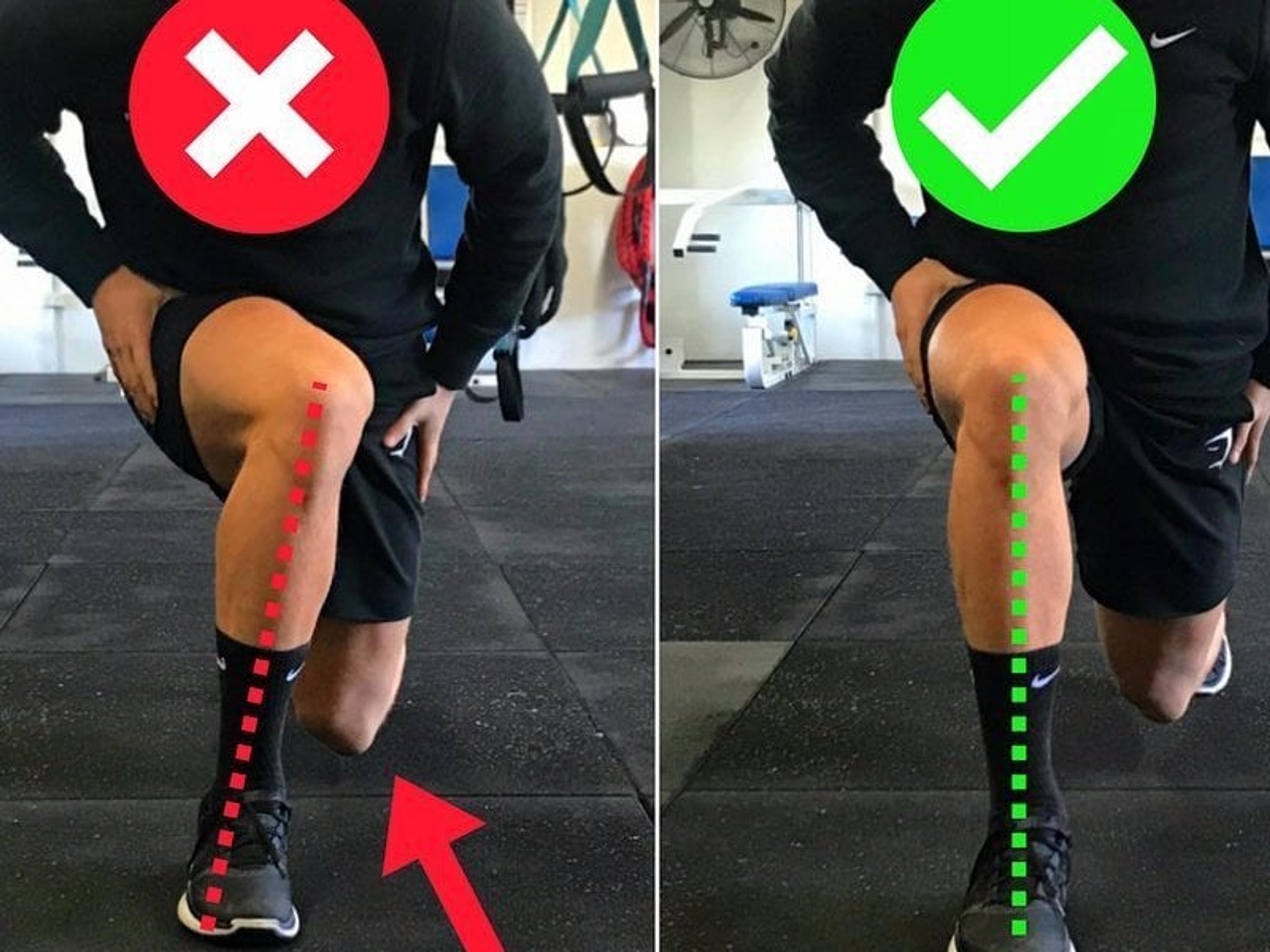 Vergleich von falscher und korrekter Knieausrichtung bei einer Vorwärtslunge im Fitnessstudio