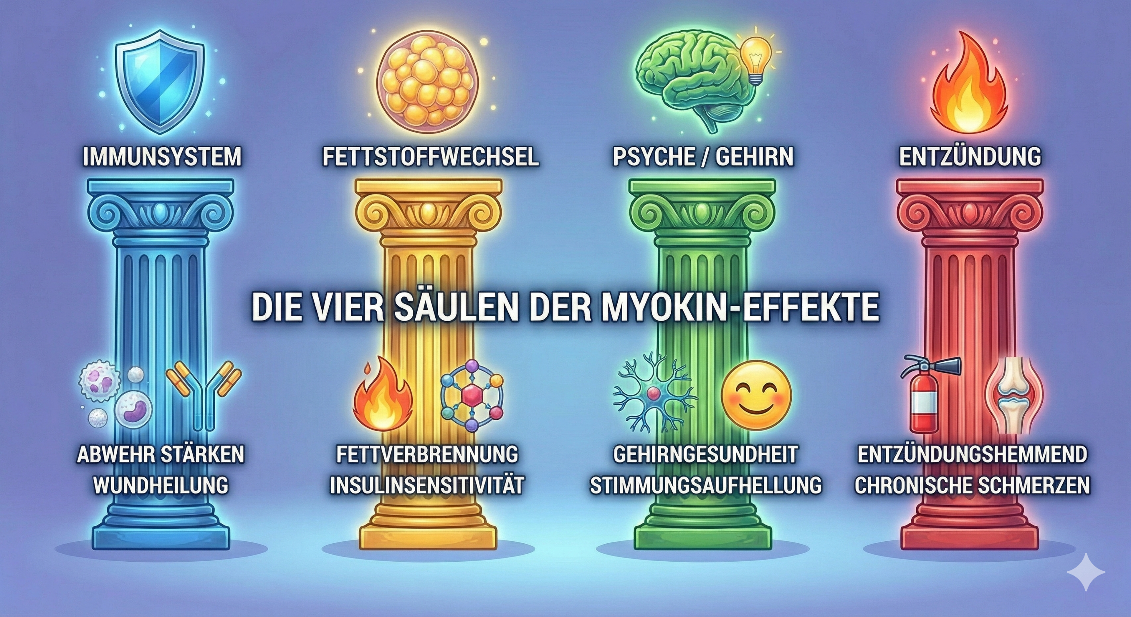 Infografik: Vier Säulen – Immunsystem, Fettstoffwechsel, Psyche/Gehirn, Entzündung – jeweils mit kurzen Icons und Stichworten