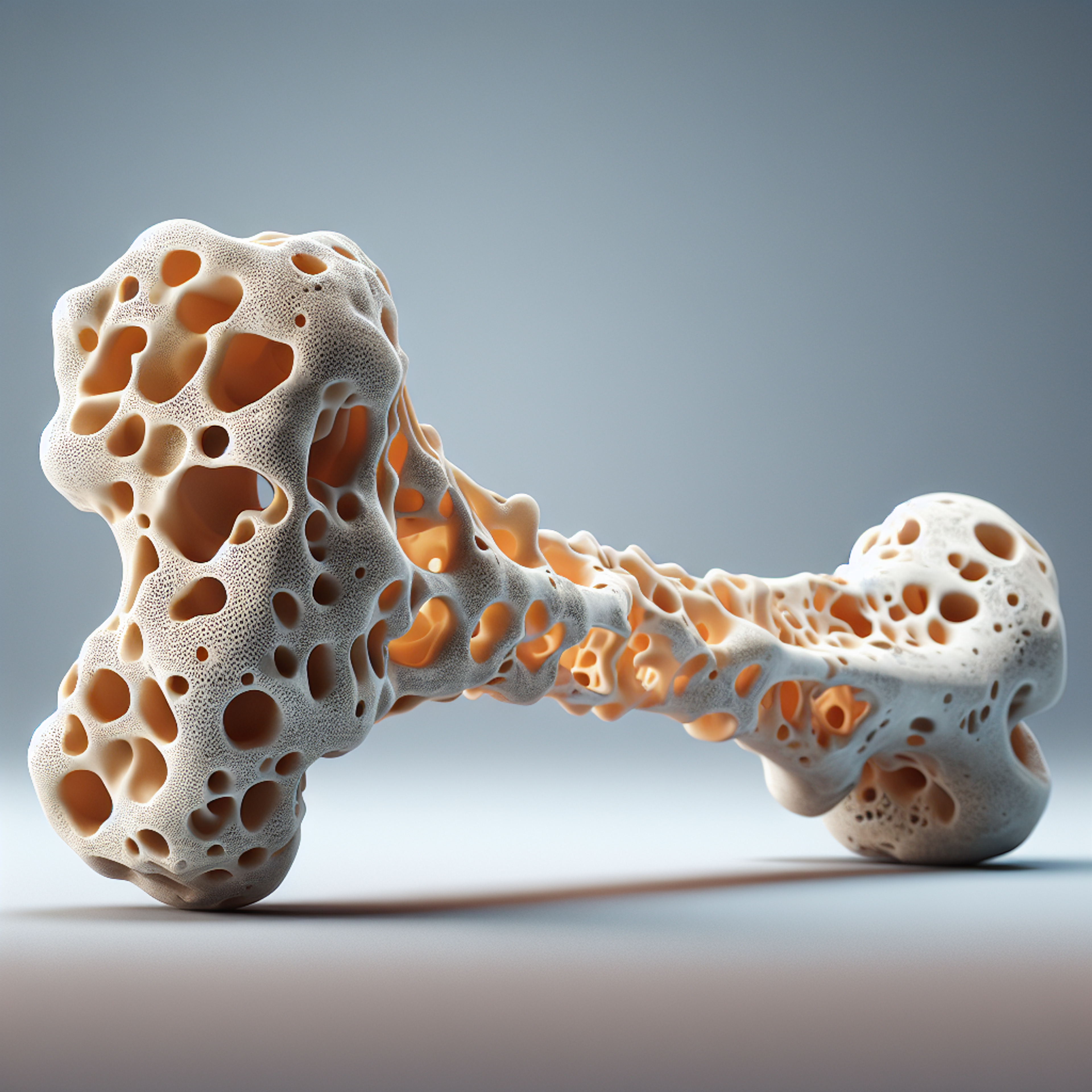 Ein poröses, knochenähnliches Objekt in Nahaufnahme mit zahlreichen runden und unregelmäßigen Hohlräumen, cremefarbener Außenfläche und warm orangefarbenem Inneren.
