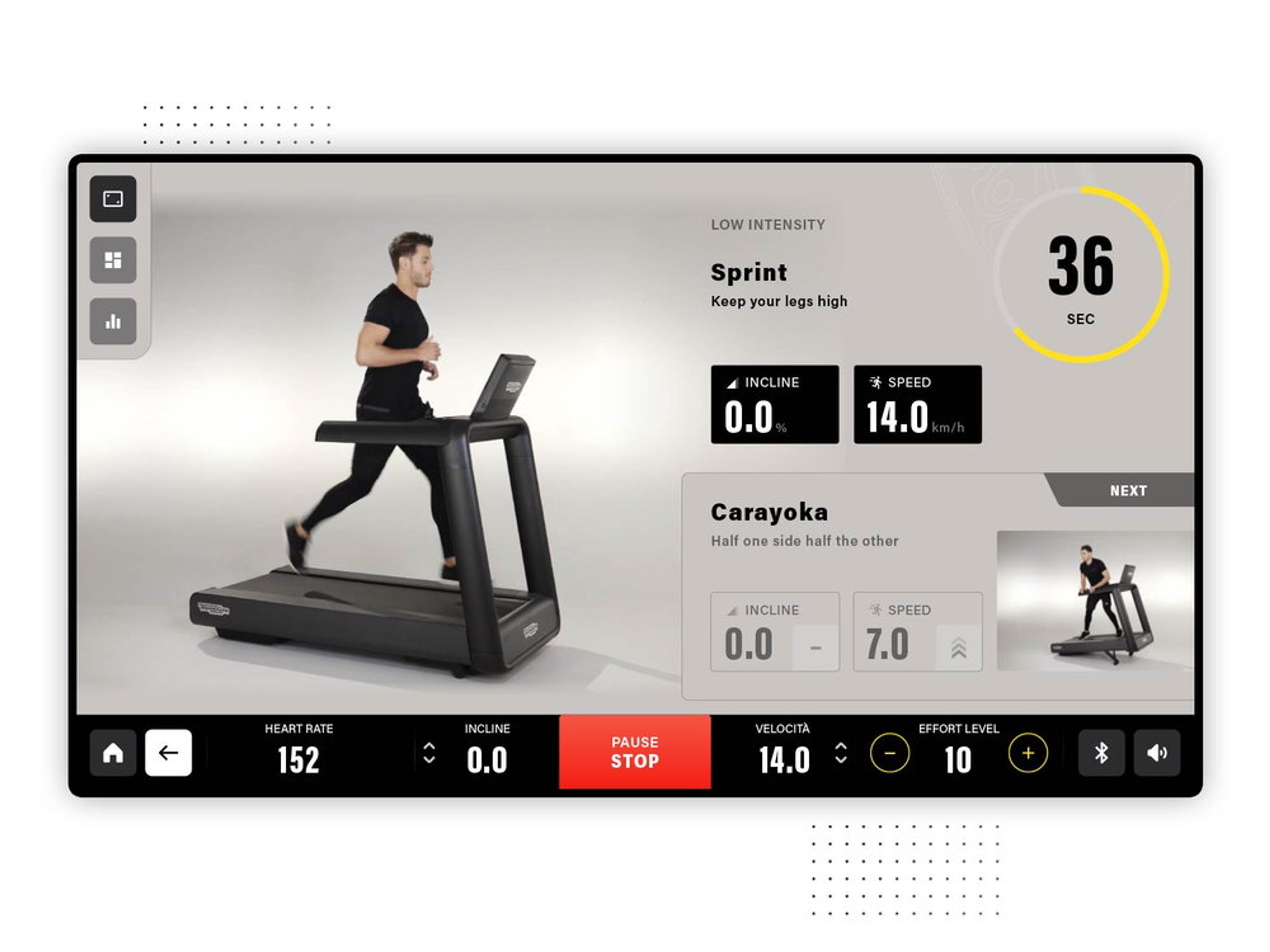 Technogym Treadmill interface showing workout options and apps
