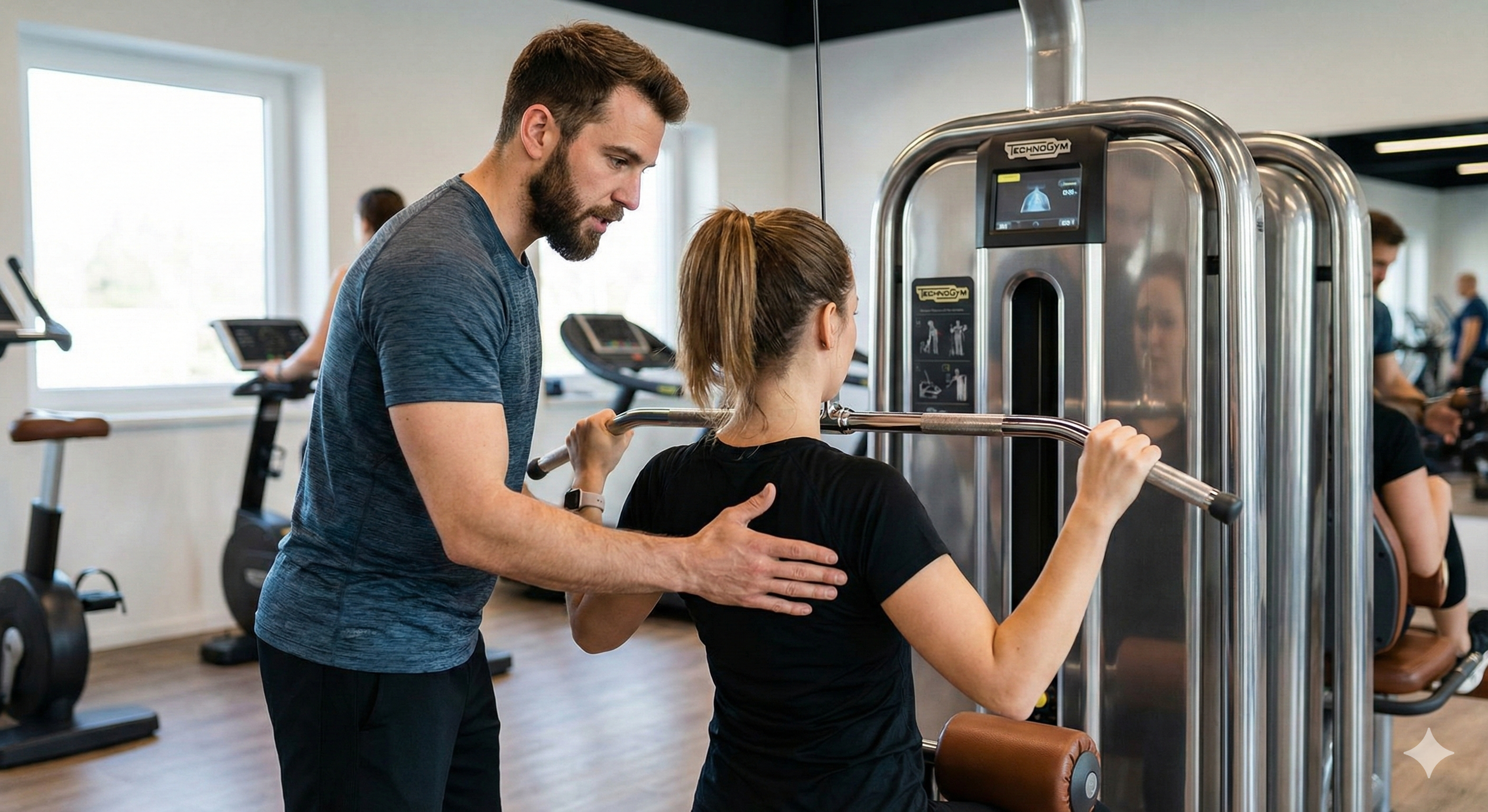 Nahaufnahme von Studiogeräten, daneben ein Coach, der Technik korrigiert