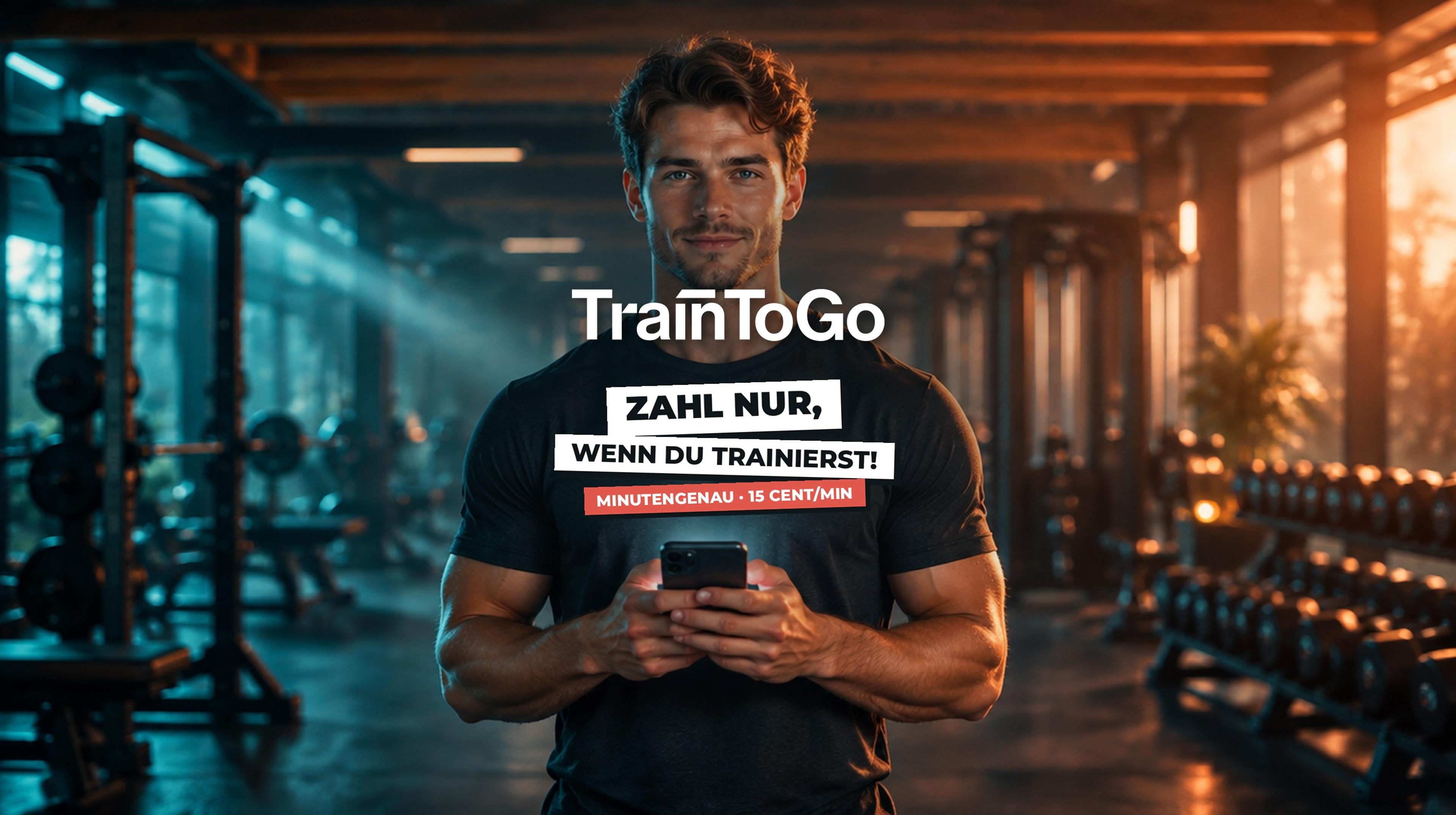 TrainToGo bei Fit-Inn Trier: Zahl nur, wenn du trainierst – minutengenau, 15 Cent pro Minute. Sportler mit Smartphone im Studio.