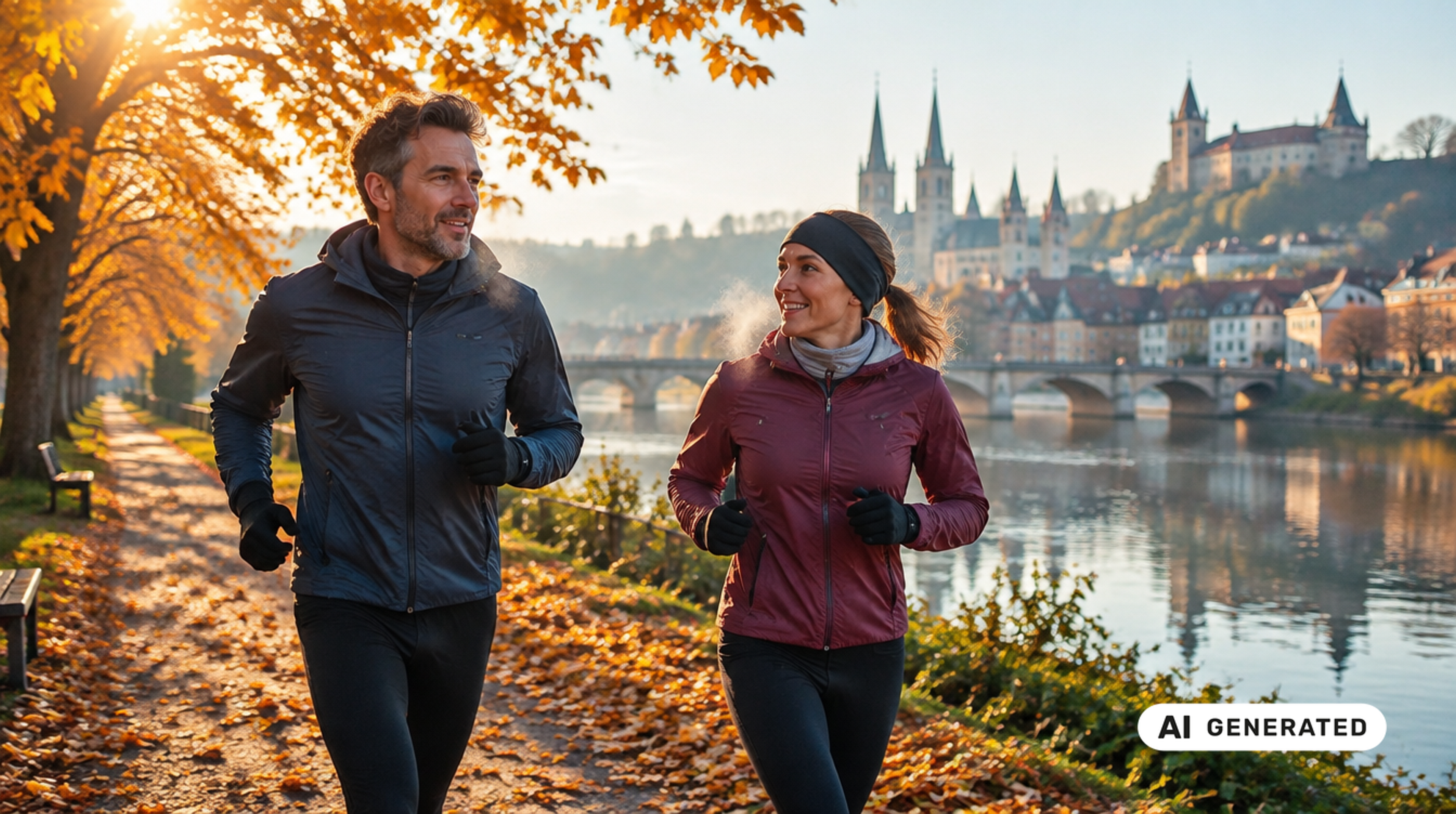 KI-generiertes Bild: Paar joggt auf einem herbstlichen Uferweg im Morgenlicht – Bewegung an der frischen Luft stärkt das Immunsystem