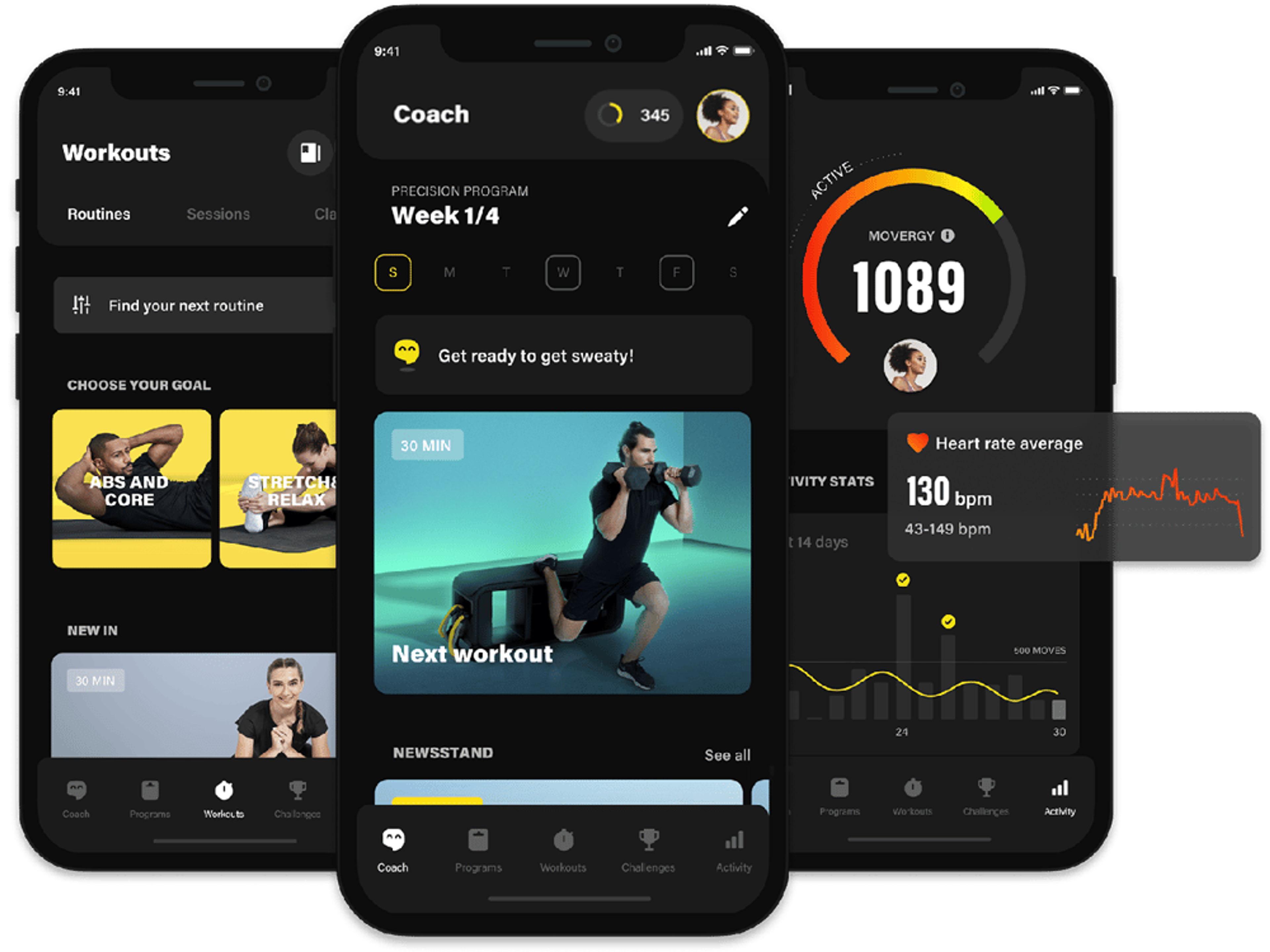 Drei Smartphone-Bildschirme zeigen eine Fitness-App mit Workout-Routinen, Programmübersicht und Aktivitätsstatistiken.
