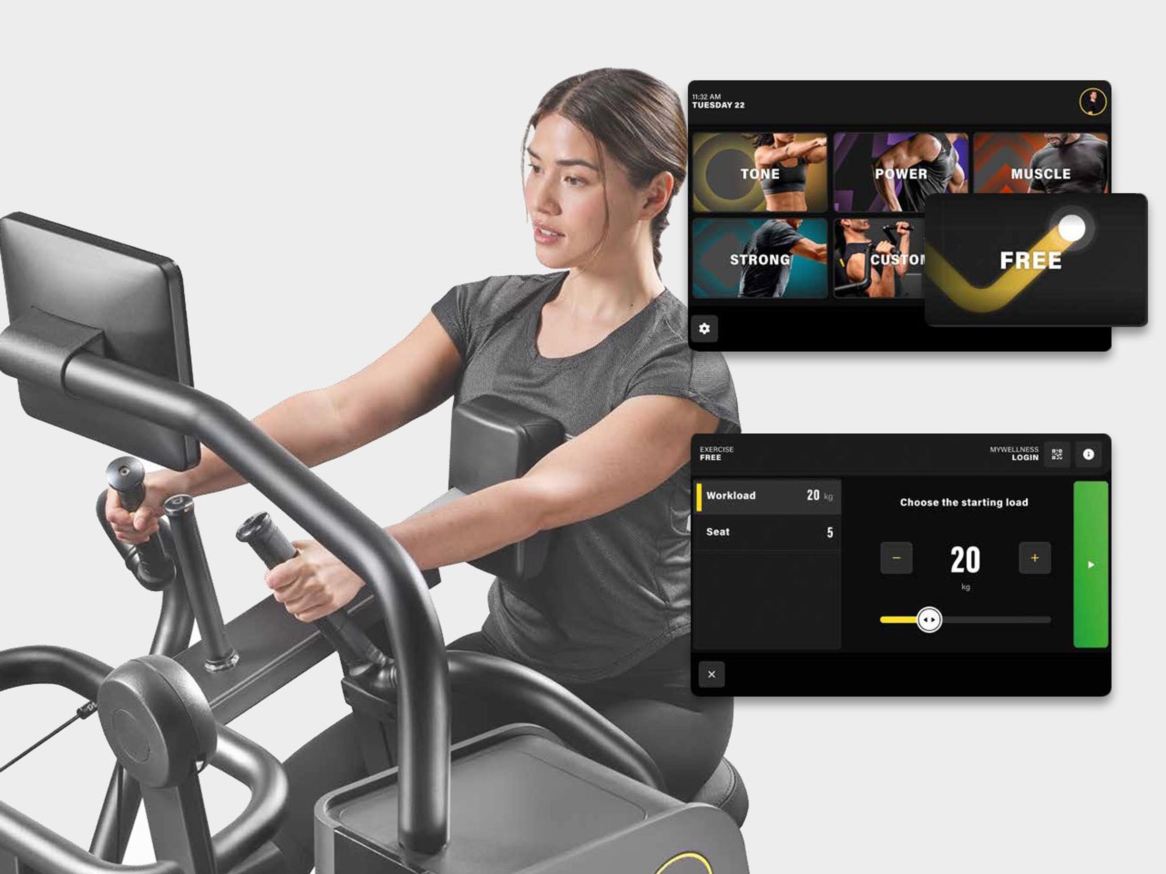 Eine Frau trainiert auf einem modernen Fitnessgerät mit einem digitalen Display, das verschiedene Trainingsmodi anzeigt.