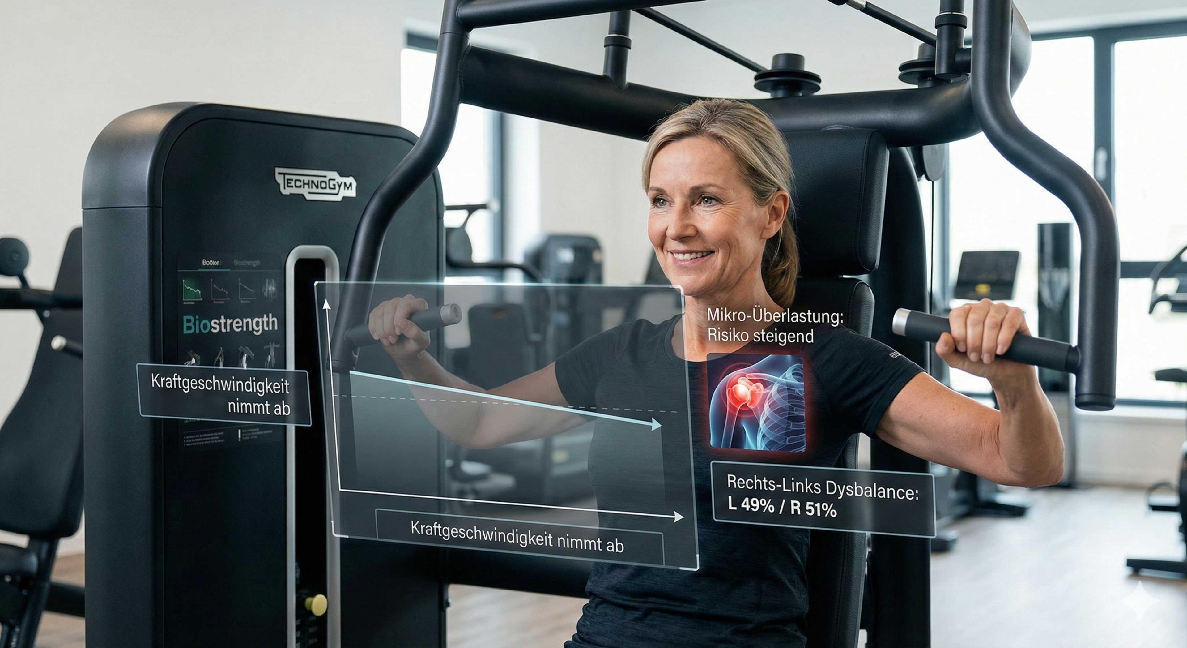 Eine Frau trainiert an einer Technogym Biostrength-Kraftmaschine in einem hellen Fitnessstudio, während transparente Datenoverlays mit Grafiken und Hinweisen wie "Kraftgeschwindigkeit nimmt ab", "Mikro-Überlastung: Risiko steigend" und "Rechts-Links Dysbalance: L 49% / R 51%" eingeblendet sind.