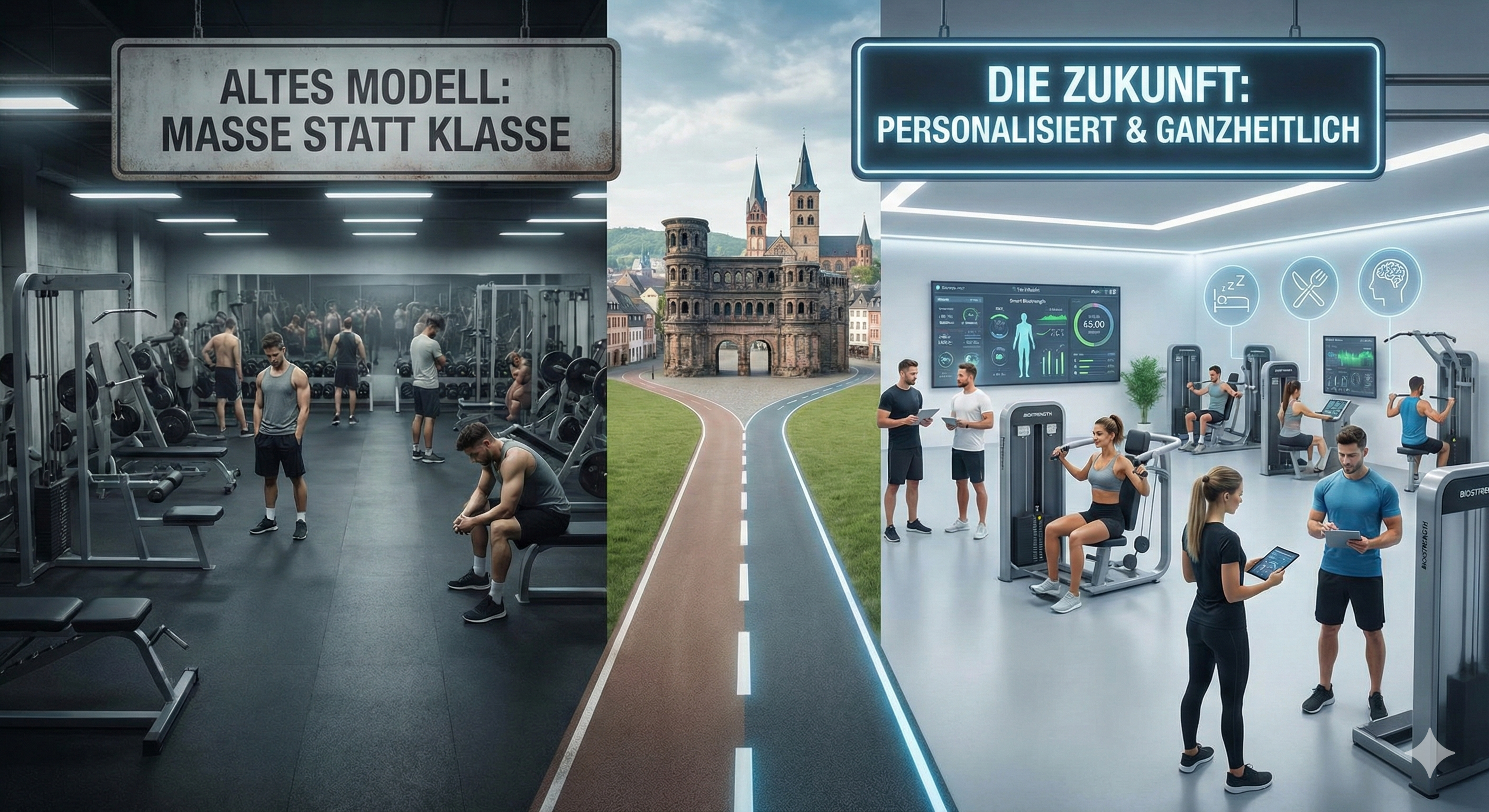 Eine geteilte Szene zeigt links ein dunkles, vollgepacktes Fitnessstudio mit dem Schild „Altes Modell: Masse statt Klasse“ und rechts ein helles, modernes Studio mit Datenanzeigen, Trainerinnen und Trainern mit Tablets sowie dem Schild „Die Zukunft: personalisiert & ganzheitlich“; in der Mitte führt eine zweigeteilte Straße auf ein historisches Steintor zu.
