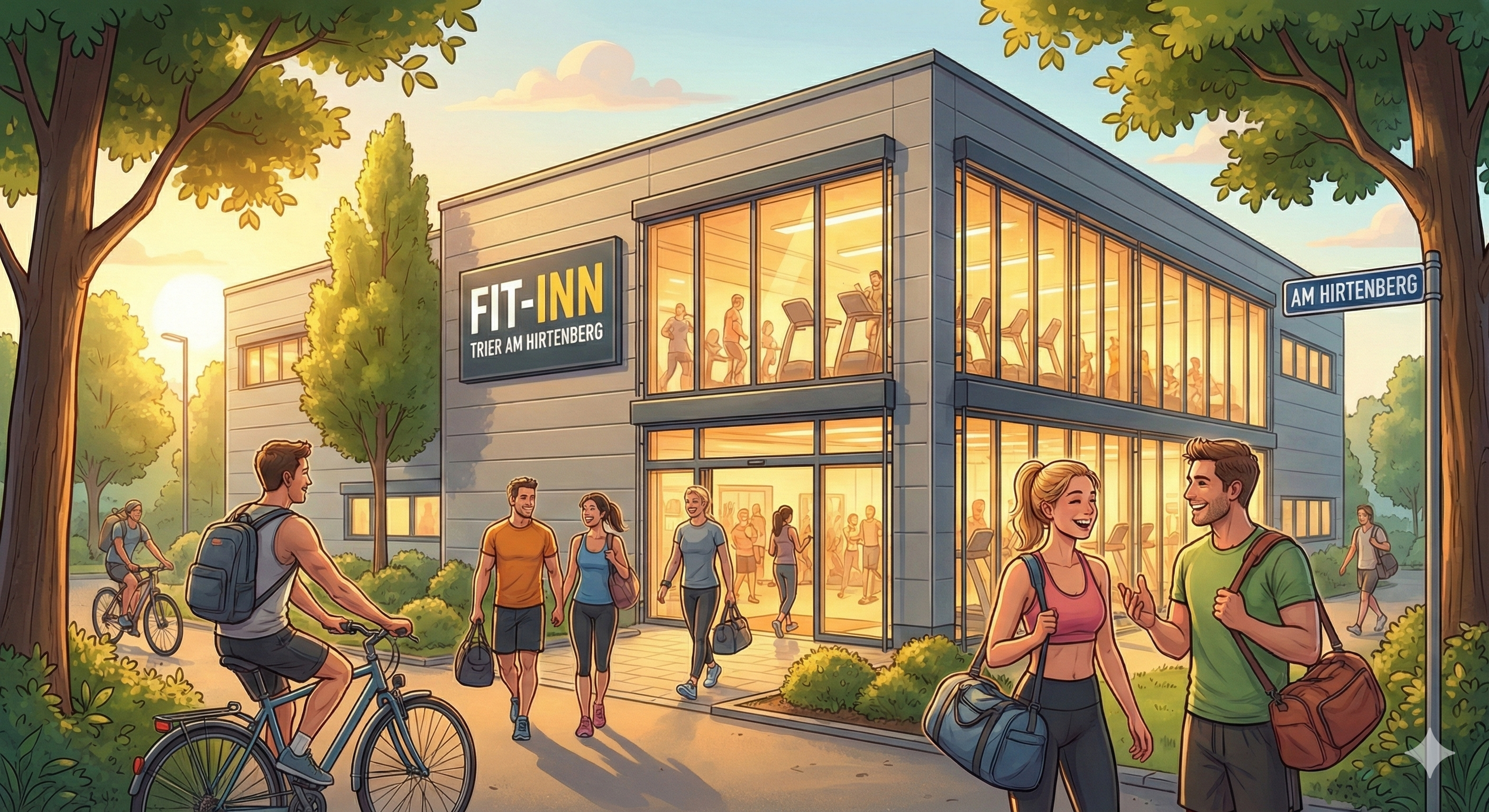 Außenansicht-Illustration: Fit-Inn Trier Auf Hirtenberg, Mitglieder kommen entspannt an, freundlich-warme Atmosphäre