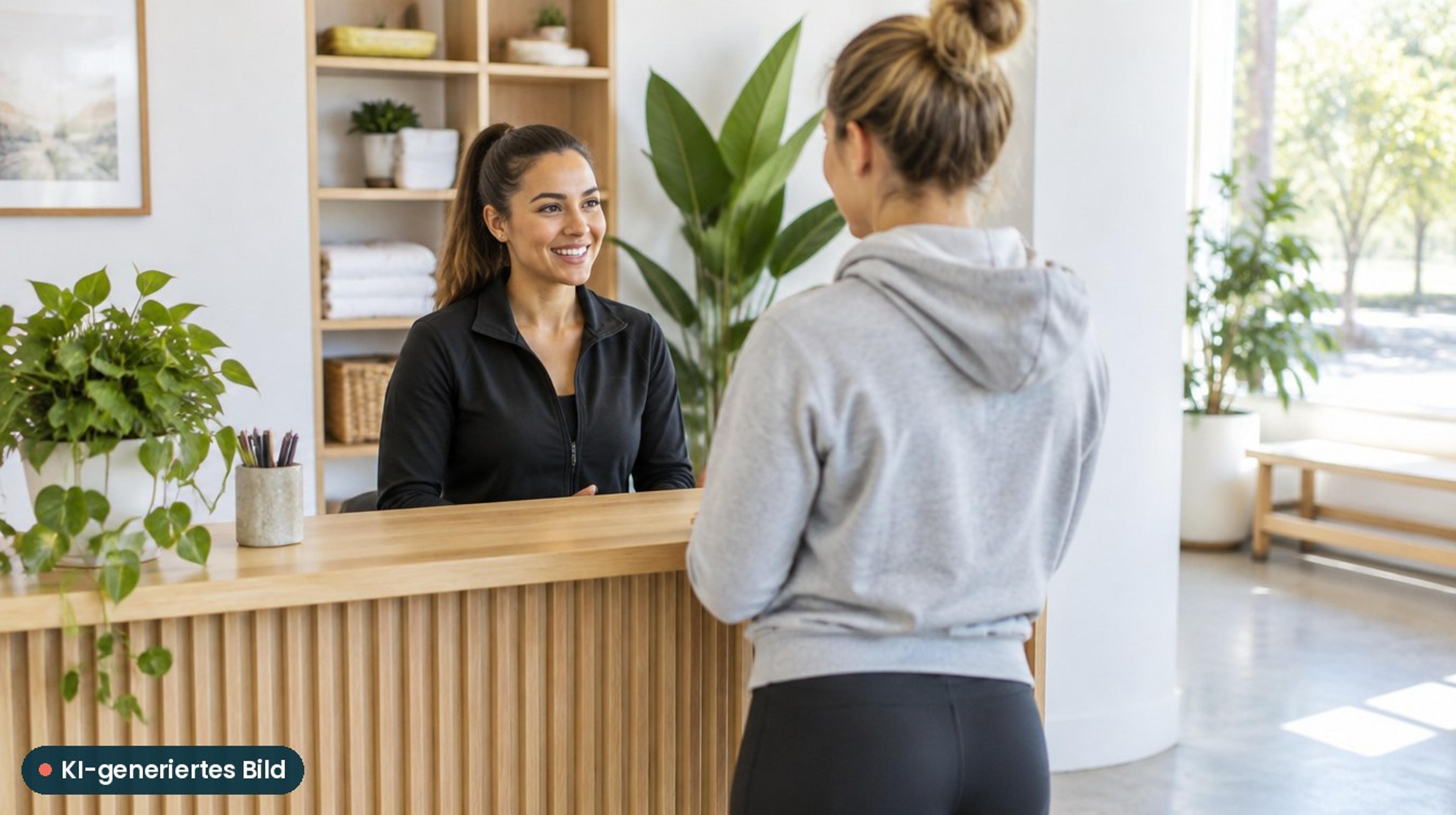 KI-generiertes Bild: Freundliche Begrüßung am Empfang eines hellen Fitnessstudios – Ablauf des Probetrainings