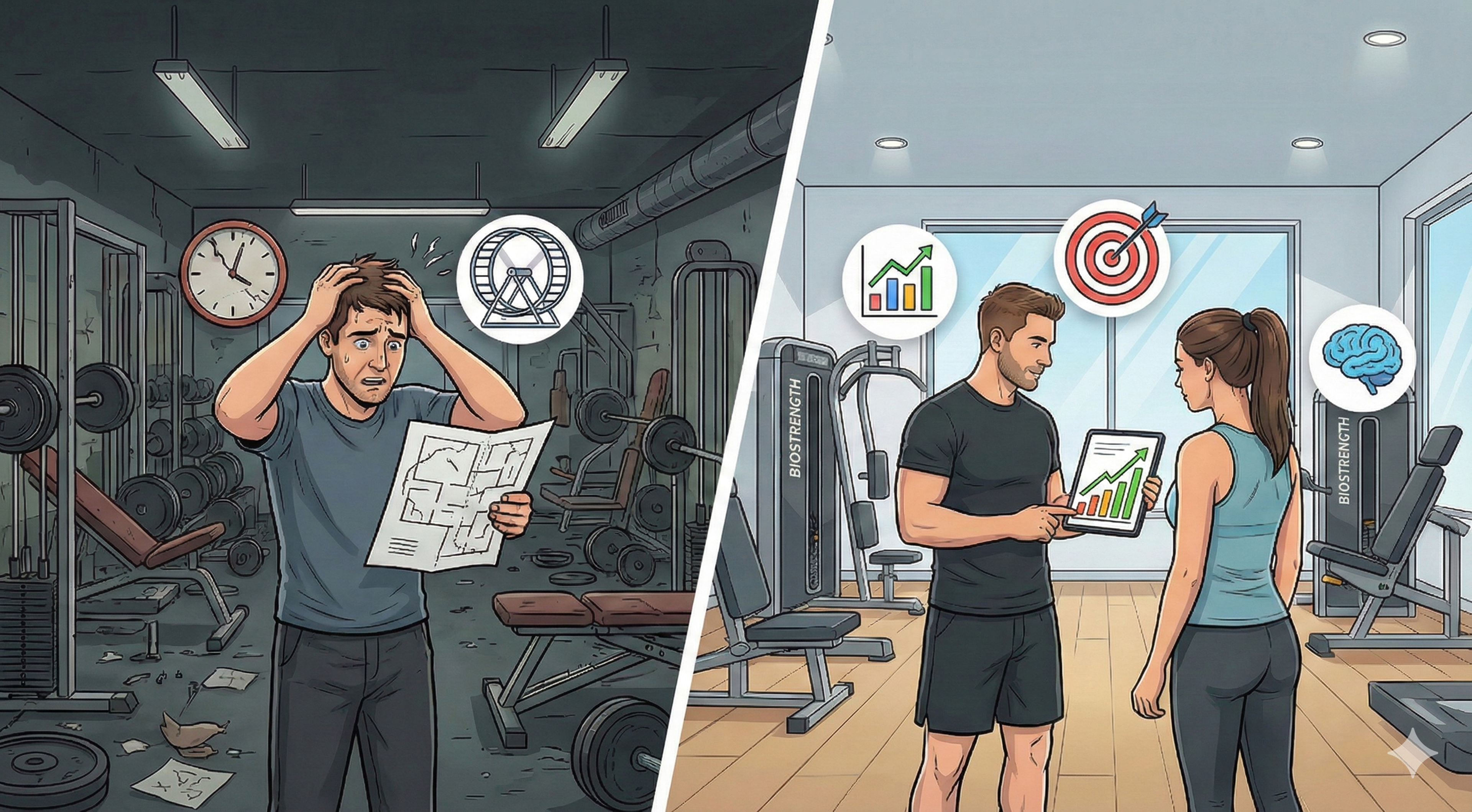 Illustration einer geteilten Fitnessstudio-Szene: Links ein dunkler, unordentlicher Kraftraum mit gestresstem Mann, verstreuten Papieren und einer großen Wanduhr sowie einem an ein Hamsterrad erinnernden Symbol; rechts ein helles, modernes Studio mit Trainer und Sportlerin, die über ein Tablet mit Aufwärtstrend sprechen, umgeben von Symbolen für Diagramm, Zielscheibe und Gehirn.
