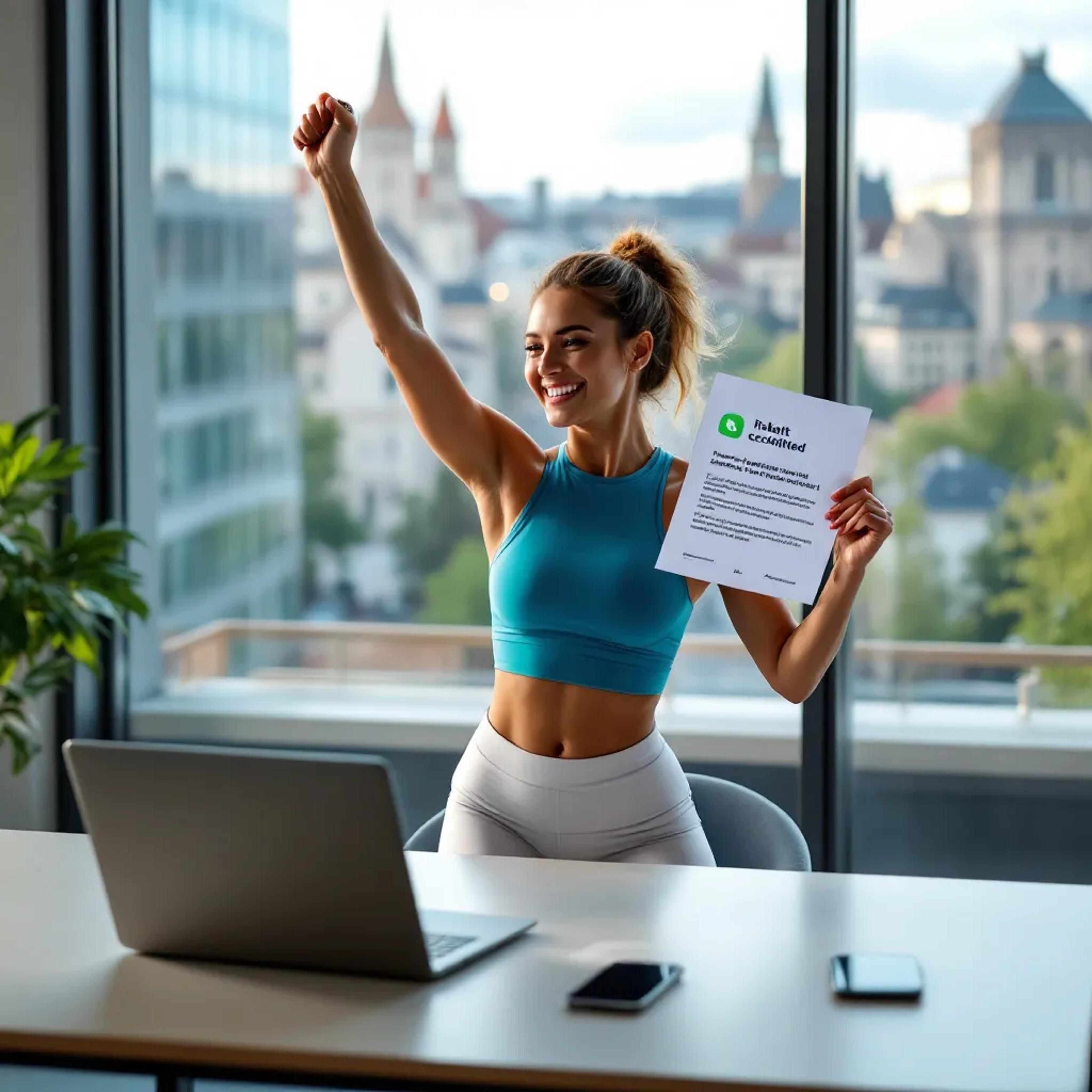 Eine lächelnde Frau in Sportkleidung hält ein Zertifikat in einem modernen Büro hoch