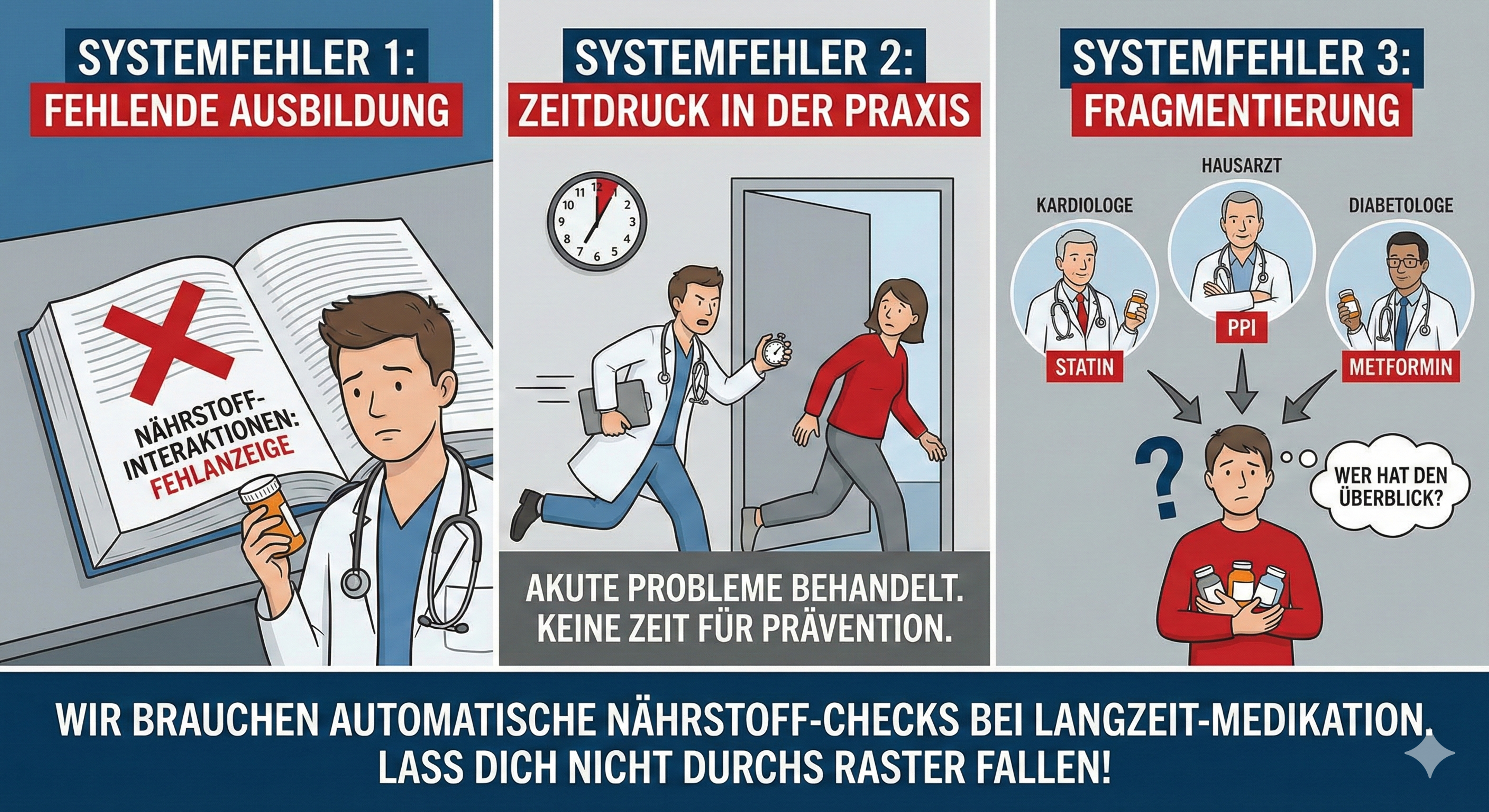 Eine Infografik zeigt drei Systemfehler im Gesundheitswesen: fehlende Ausbildung zu Nährstoff-Interaktionen (linkes Panel mit Arzt und Buch mit rotem X), Zeitdruck in der Praxis (mittleres Panel mit Uhr, eilendem Arzt und Patientin) sowie Fragmentierung (rechtes Panel mit Kardiologe Statin, Hausarzt PPI, Diabetologe Metformin und verunsichertem Patient mit Tablettenflaschen). Unten steht ein Aufruf zu automatischen Nährstoff-Checks bei Langzeit-Medikation.