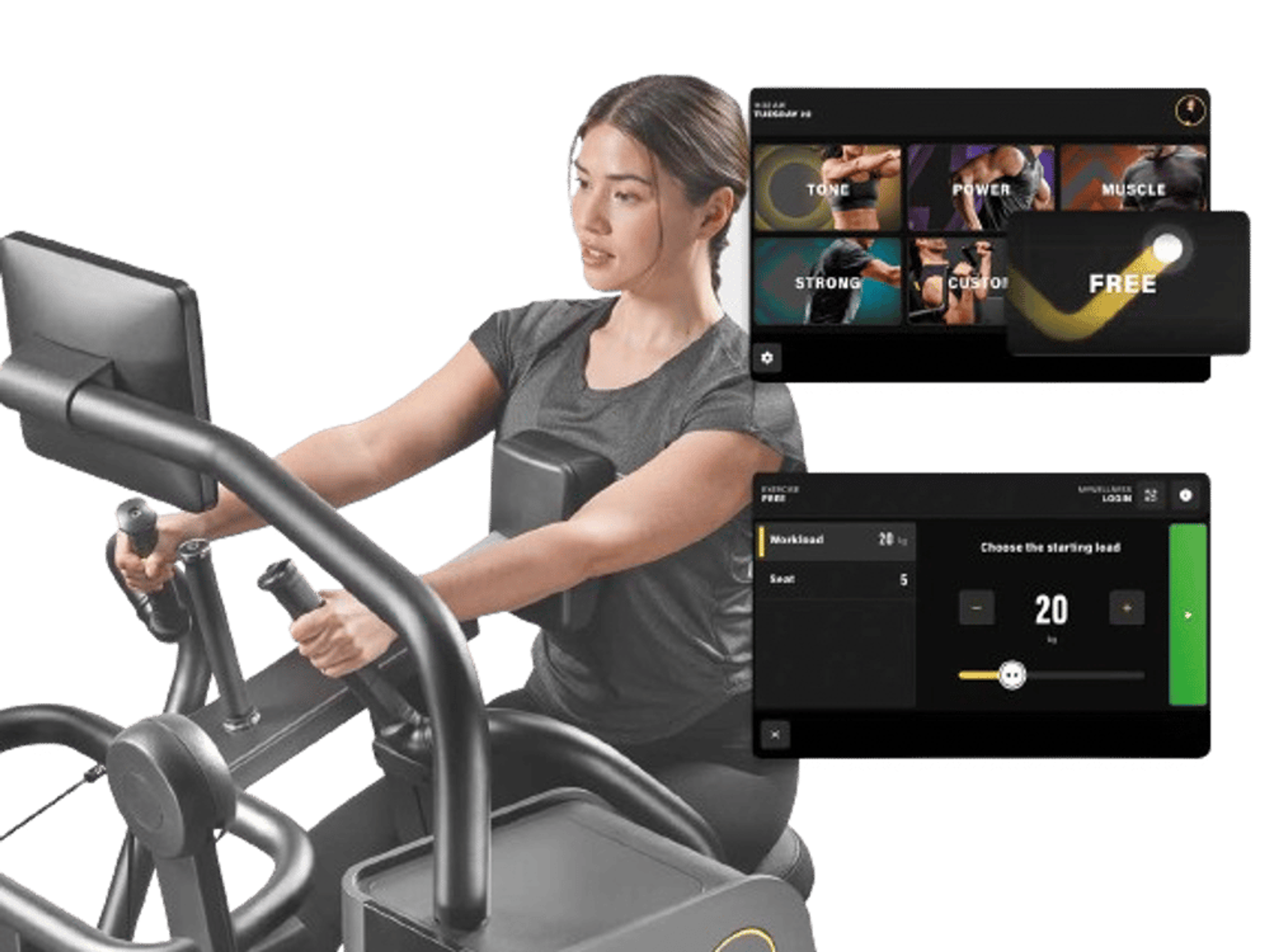 Eine Frau trainiert auf einem modernen Fitnessgerät mit einem digitalen Display, das verschiedene Trainingsmodi anzeigt.