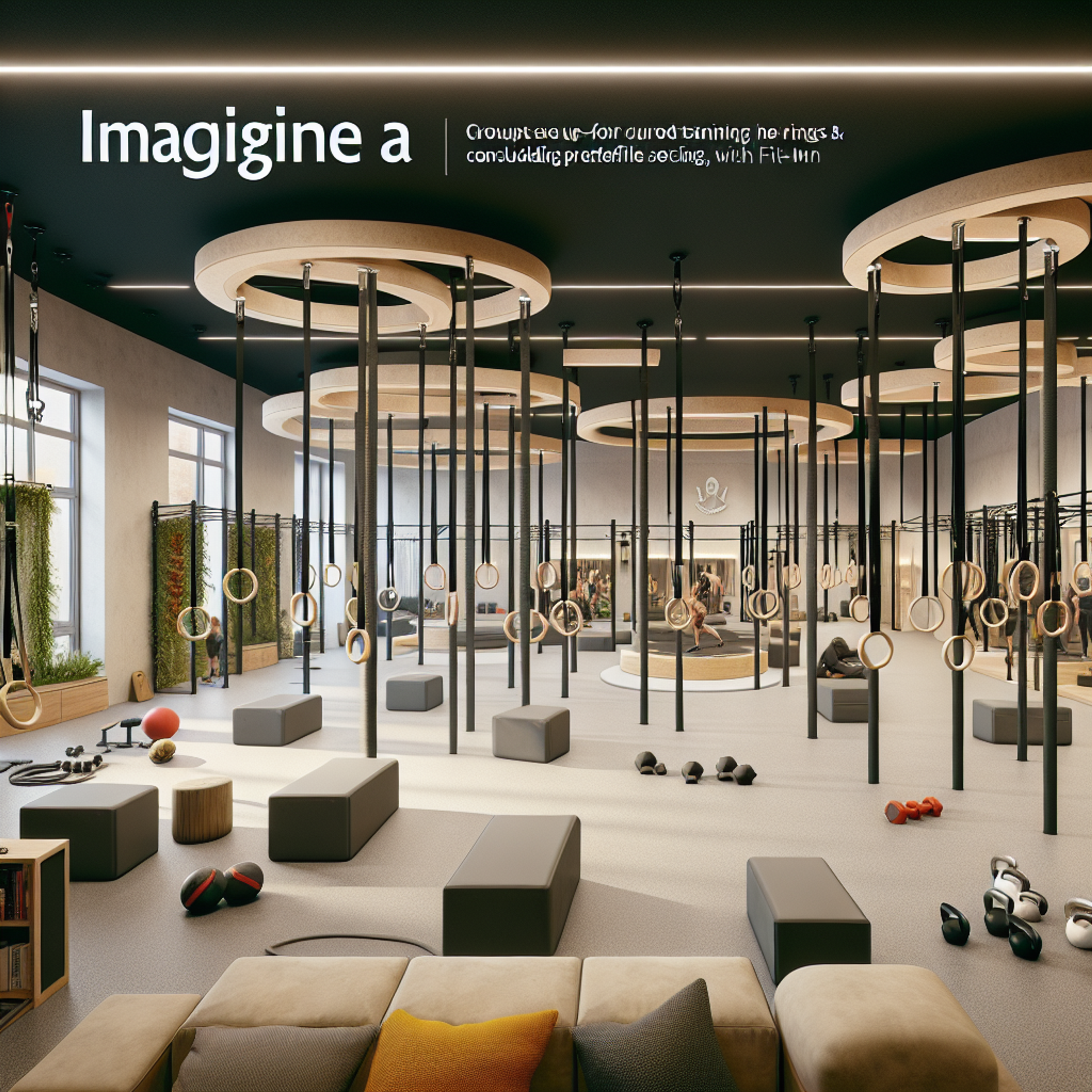 Eine Frau hält sich an hölzernen Turnringen im Fitnessstudio, im seitlichen Profil mit pinkem Sport-BH, schwarzen Shorts und Pferdeschwanz; rechts im Bild sind weiße Fitness-Icons mit den englischen Beschriftungen 'Increase Muscle', 'Keep Slim', 'Keep Fitness' und 'Explosive Power' zu sehen.