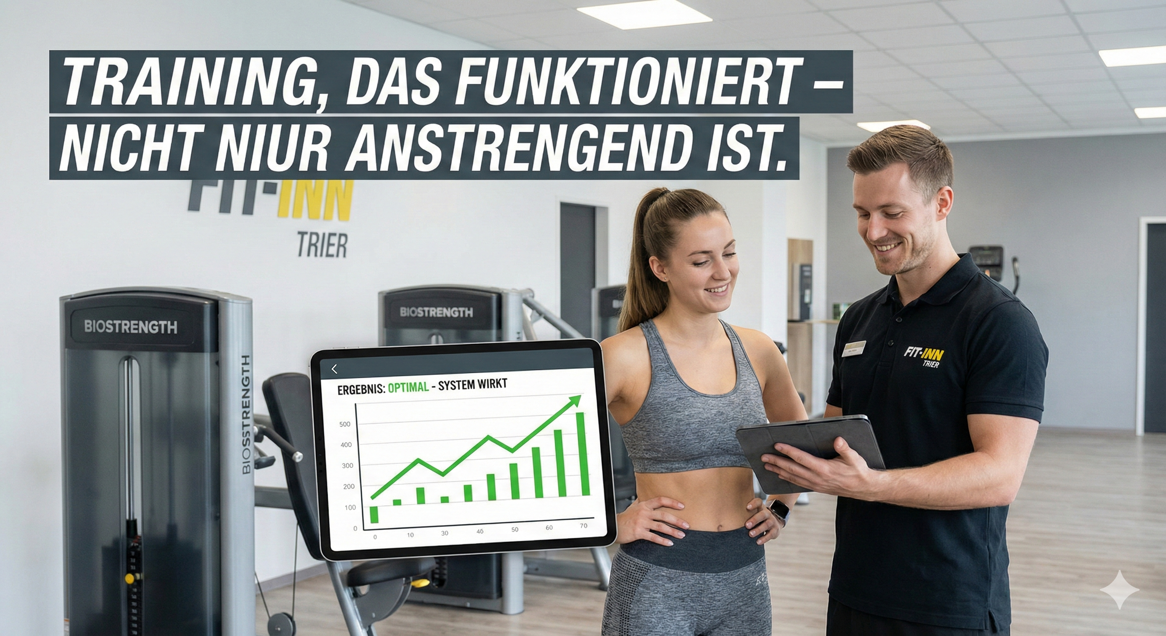 Ein Trainer im Fitnessstudio zeigt einer Sportlerin auf einem Tablet eine steigende Diagramm-Grafik; im Hintergrund stehen Biostrength-Kraftgeräte, an der Wand ist das Logo „FIT-INN Trier“ zu sehen und oben der Text „Training, das funktioniert – nicht nur anstrengend ist.“