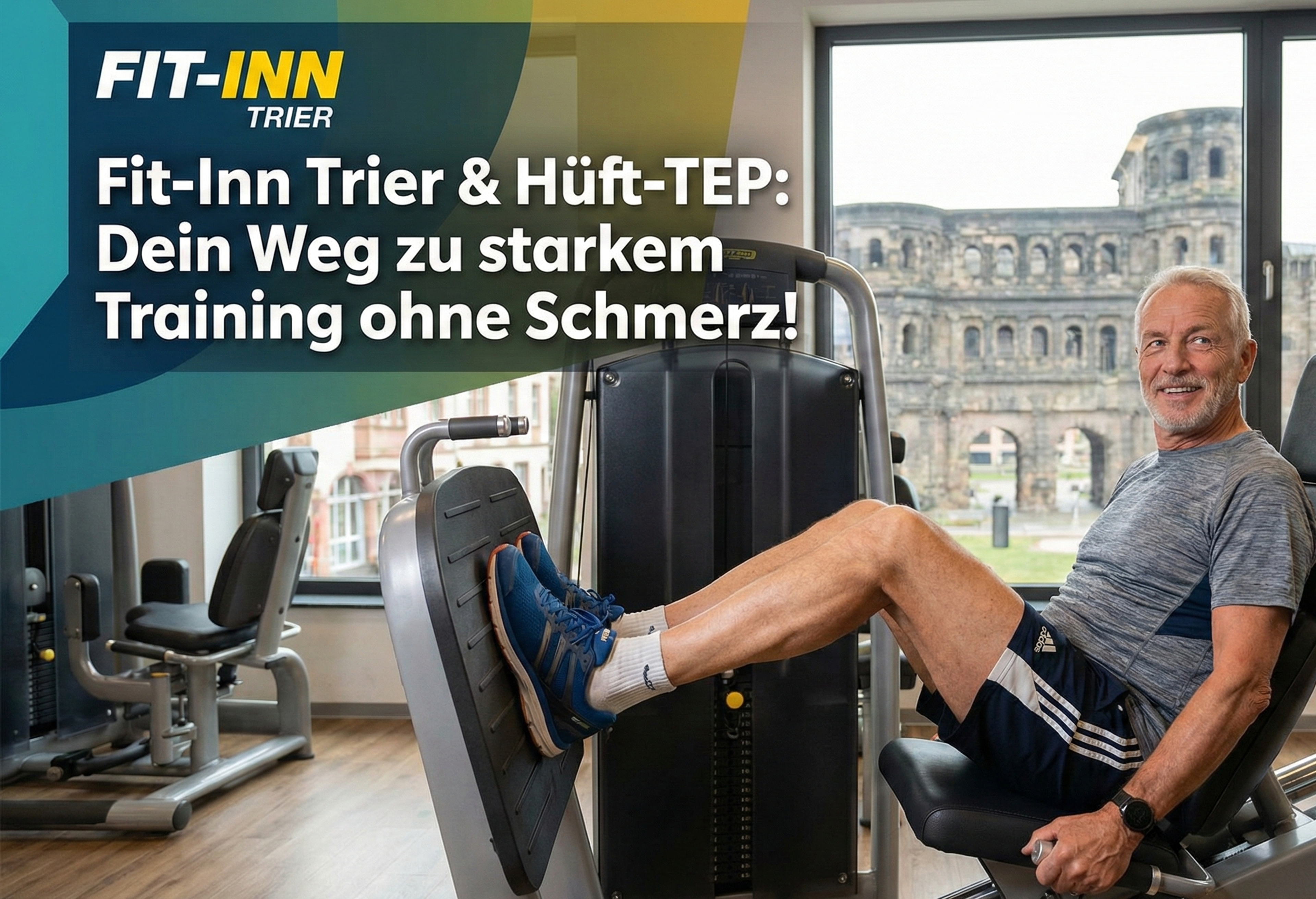 Älterer Mann in Sportkleidung bereitet sich auf einer Laufbahn auf den Start vor