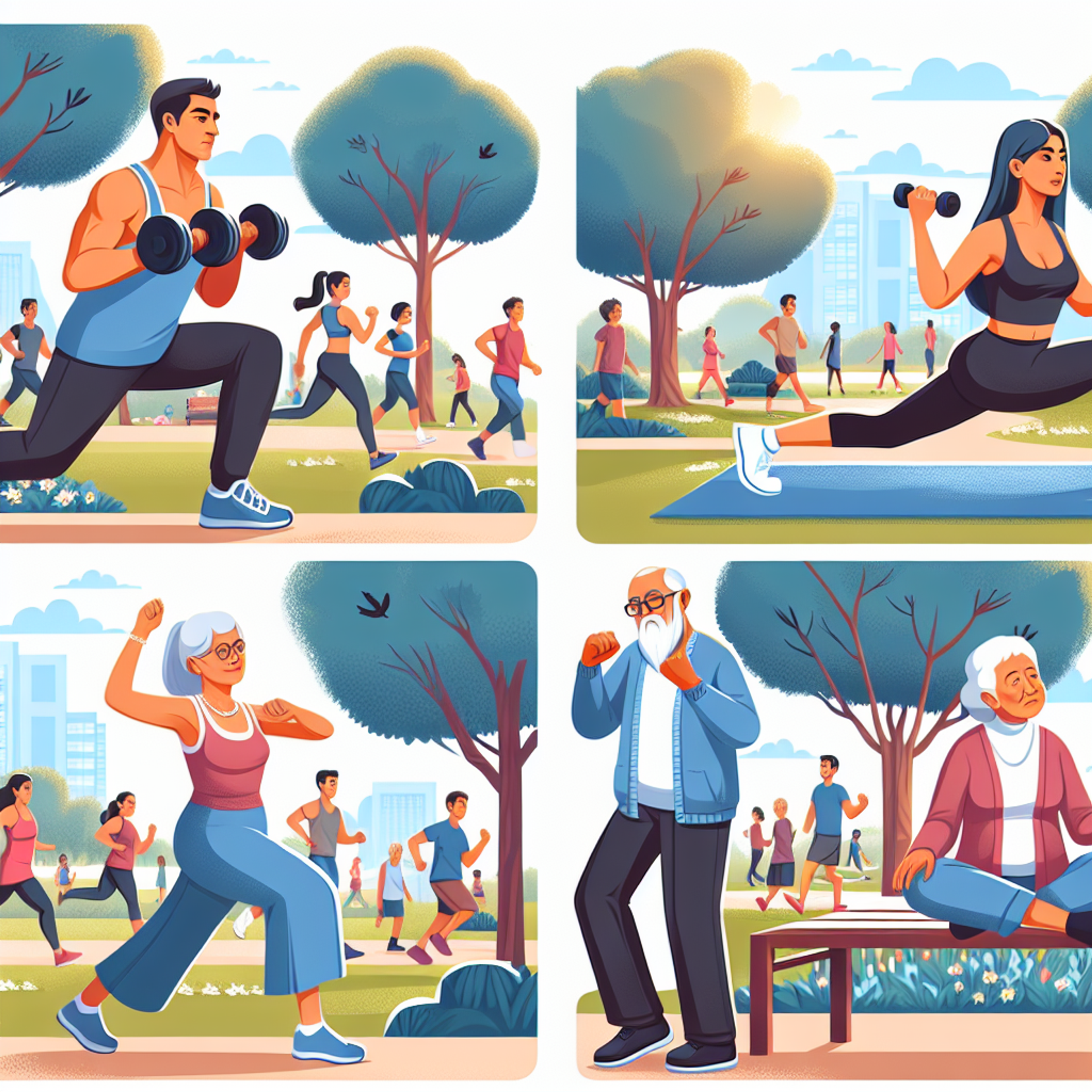 Eine mehrteilige Illustration von Menschen verschiedenen Alters beim Sport im Park mit Gewichtstraining, Ausdauerläufern und Entspannungsübungen