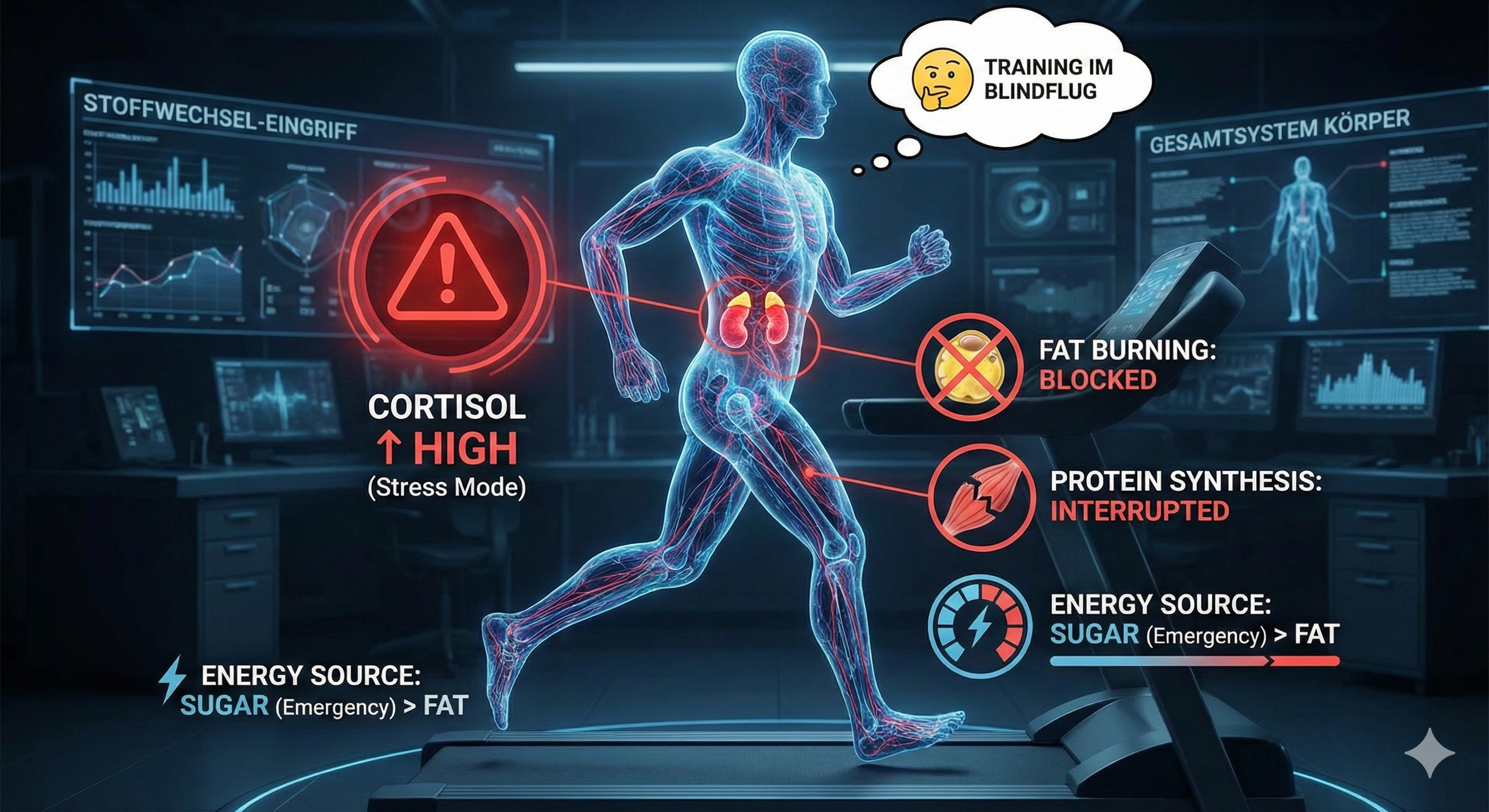 Infografik eines laufenden menschlichen Körpers als transparente Anatomie-Darstellung auf einem Laufband in einem Hightech-Labor; ein Warnsymbol mit dem Hinweis Cortisol High (Stress Mode); markierte Nebennieren; Hinweise Fat Burning: Blocked und Protein Synthesis: Interrupted sowie ein Energiebalken, der Zucker (Emergency) vor Fett zeigt; im Hintergrund Monitore mit Diagrammen und die Sprechblase Training im Blindflug.